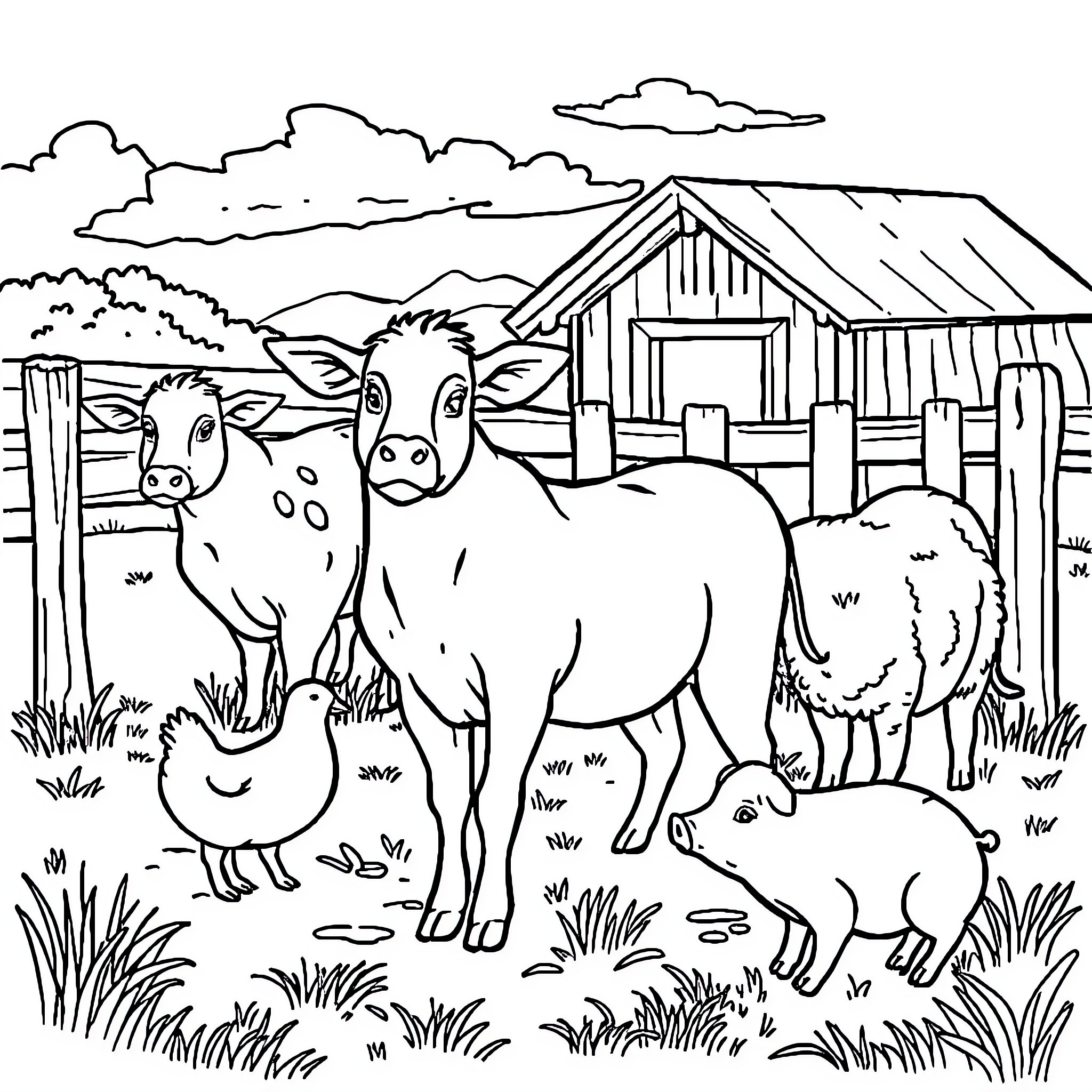 Farm Animal Gathering at a Countryside Barn Coloring Page (free black-and-white line drawing printable PDF for all, from beginners to advanced learners, including children, teens, adults, and seniors)