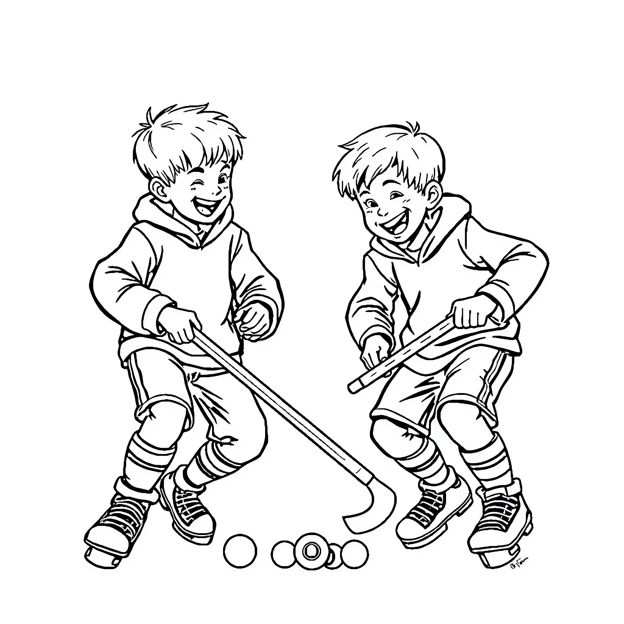 Boys playing happily with hockey sticks and pucks Coloring Page (free black-and-white line drawing printable PDF for all, from beginners to advanced learners, including children, teens, adults, and seniors)