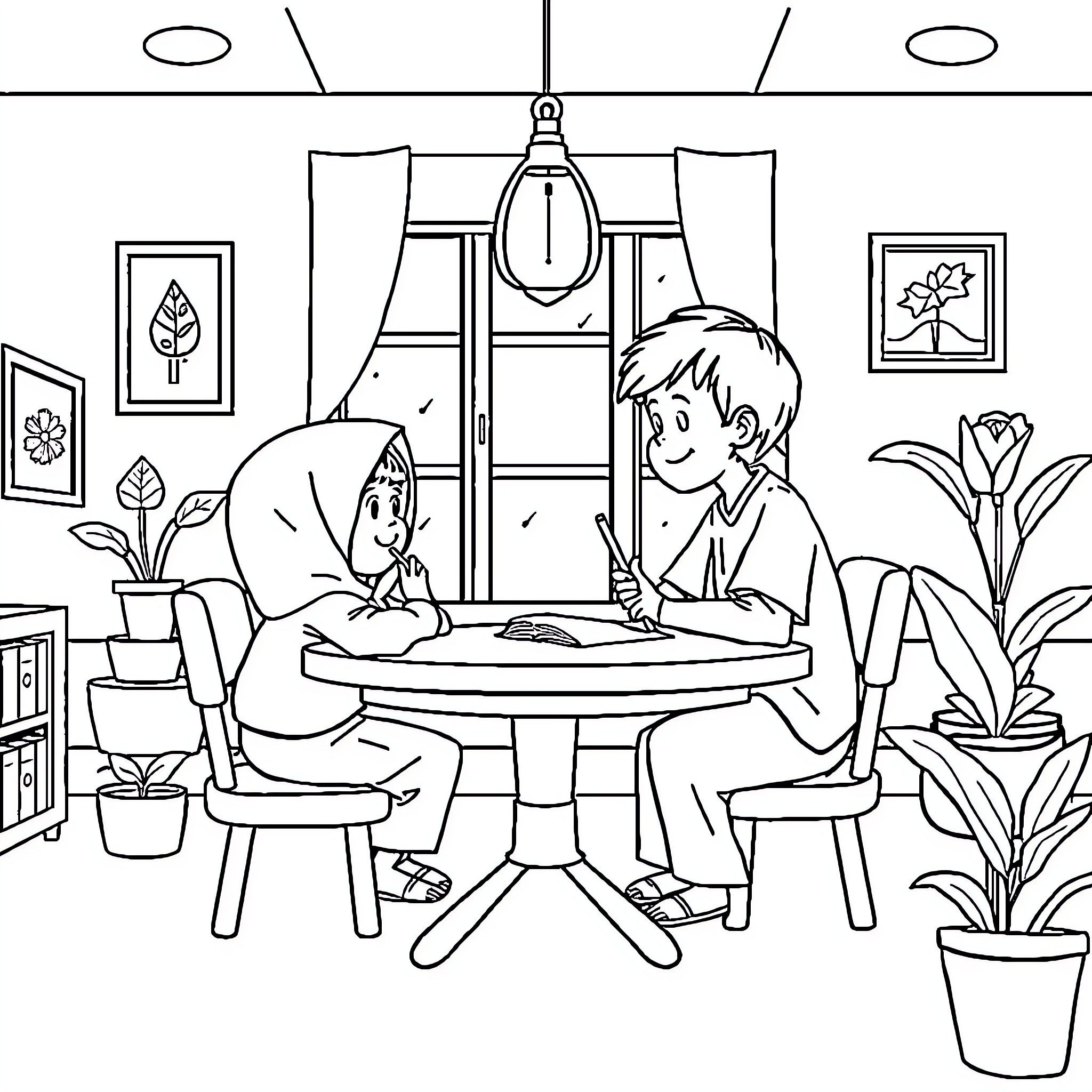Child Studying Together in Cozy Study Space Coloring Page (free black-and-white line drawing printable PDF for all, from beginners to advanced learners, including children, teens, adults, and seniors)