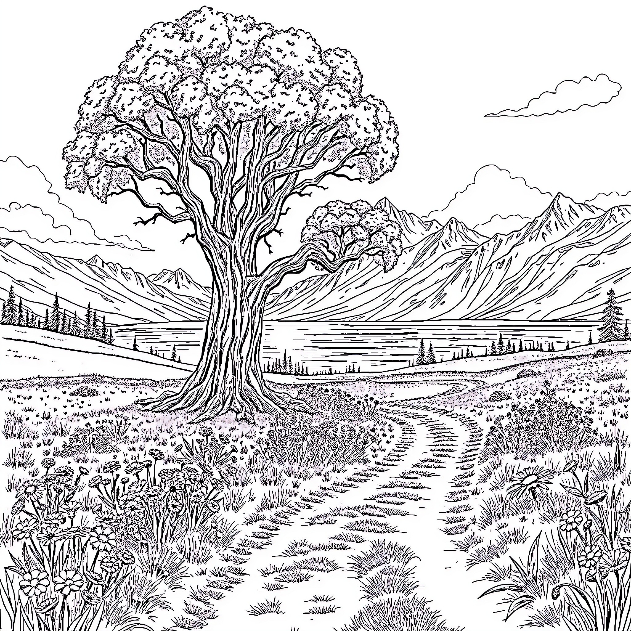 Tree in majestic mountain landscape Coloring Page (free black-and-white line drawing printable PDF for all, from beginners to advanced learners, including children, teens, adults, and seniors)