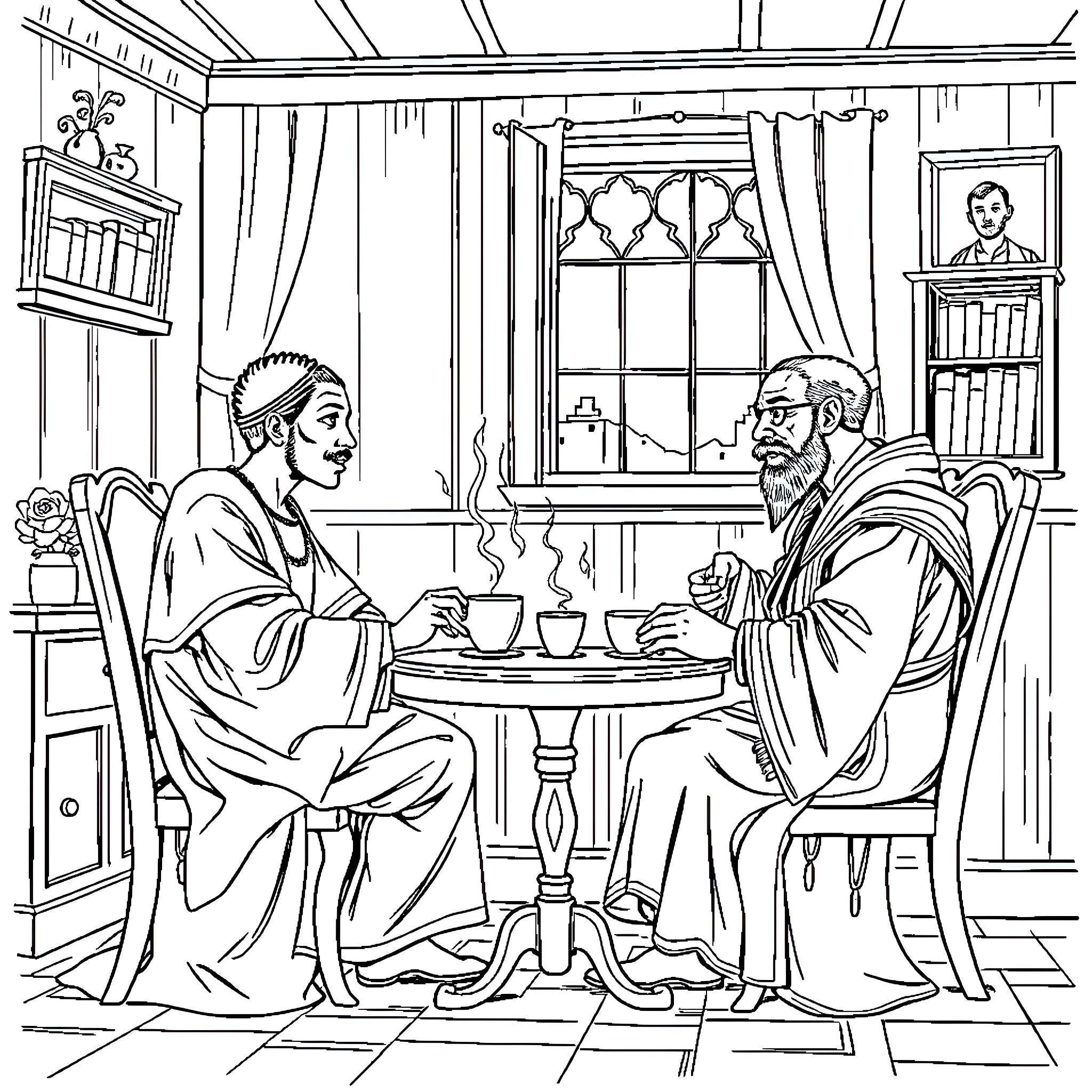 Othello: Two men engaged in deep discussion in a cozy study Coloring Page (free black-and-white line drawing printable PDF for all, from beginners to advanced learners, including children, teens, adults, and seniors)