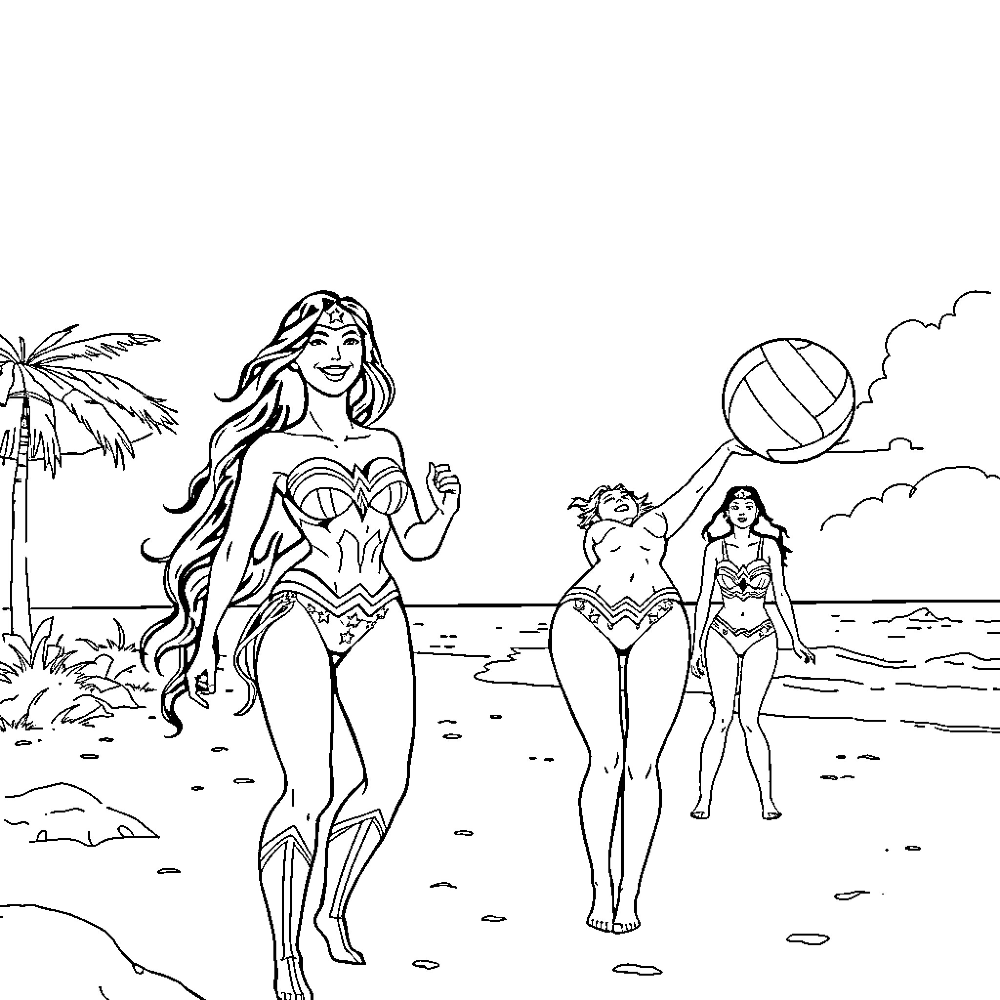 Wonder Woman and friends enjoying beach activities Coloring Page (free black-and-white line drawing printable PDF for all, from beginners to advanced learners, including children, teens, adults, and seniors)