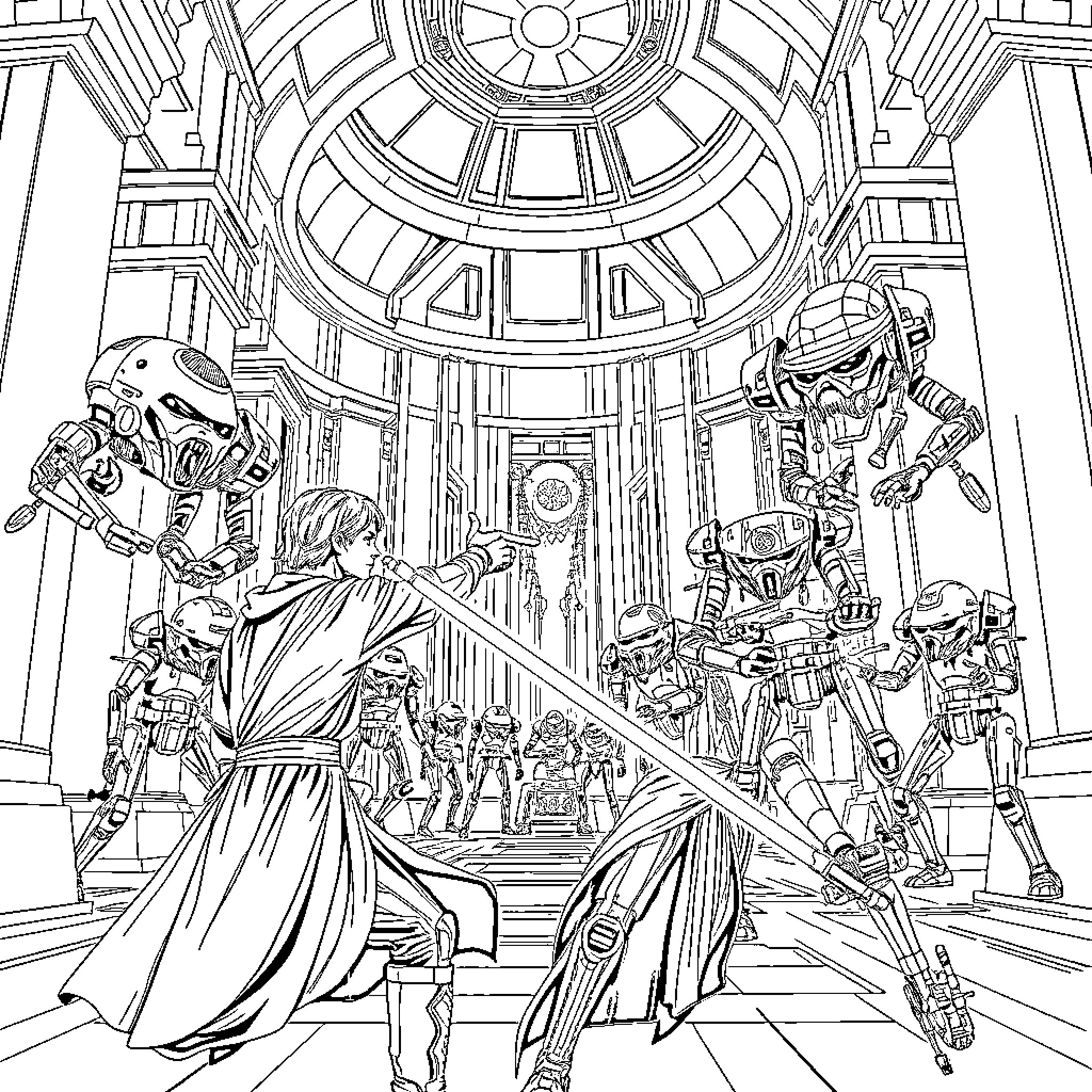 Anakin's Thrilling Encounter in the Grand Galactic Hall Coloring Page (free black-and-white line drawing printable PDF for all, from beginners to advanced learners, including children, teens, adults, and seniors)