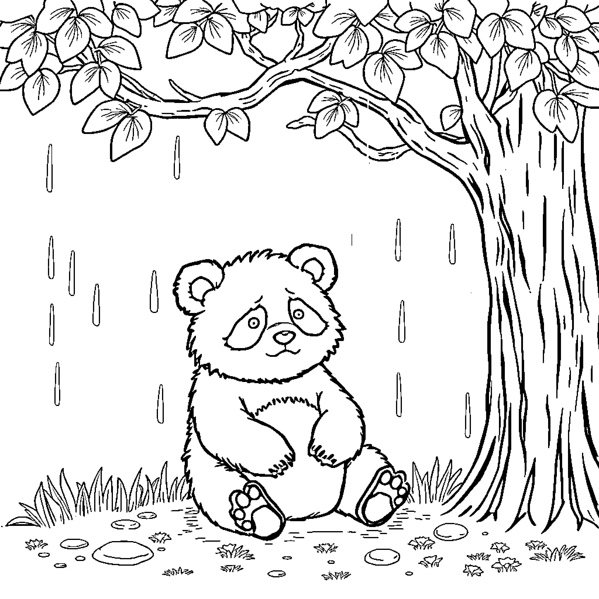 Panda sitting calmly under a rainy tree Coloring Page (free black-and-white line drawing printable PDF for all, from beginners to advanced learners, including children, teens, adults, and seniors)