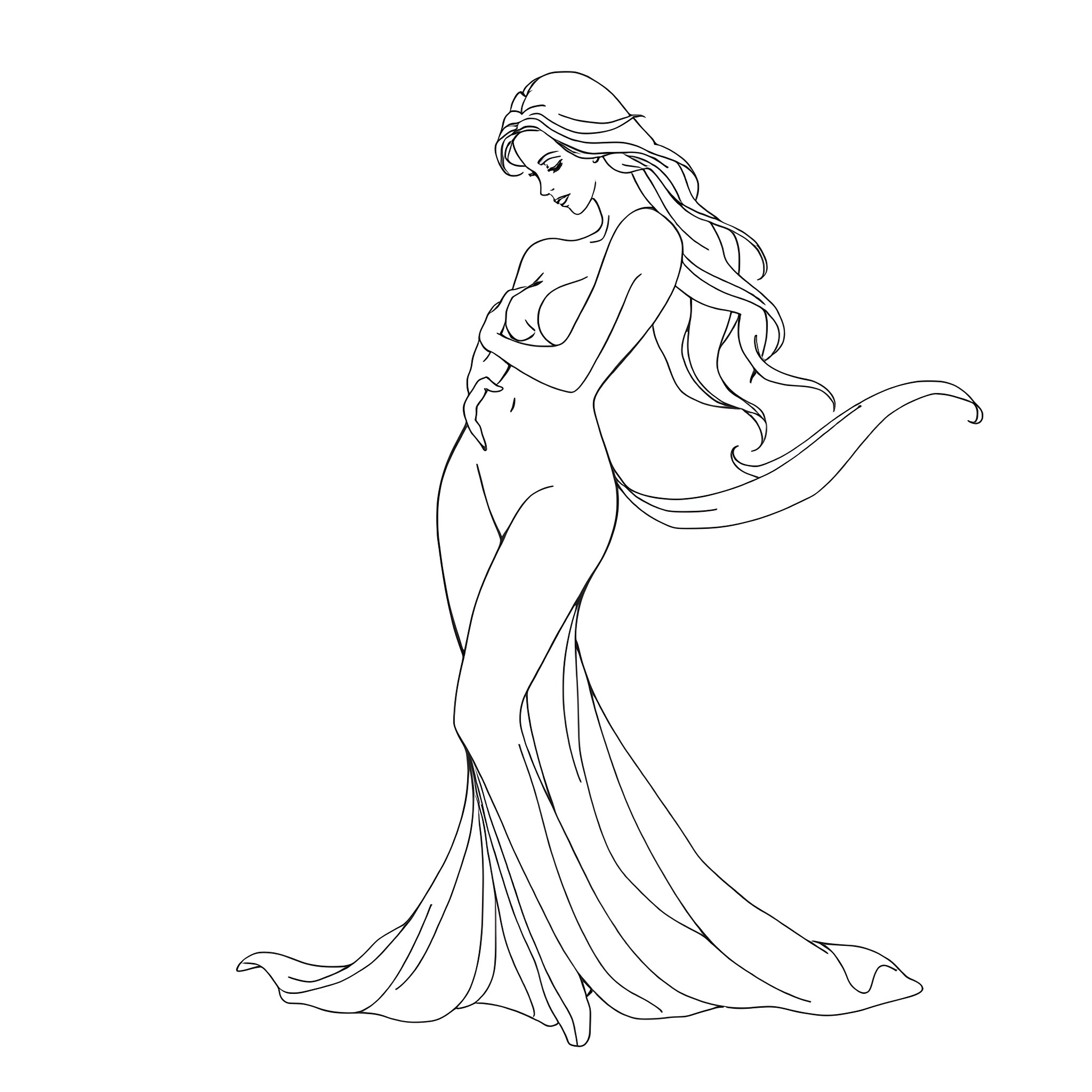 Woman in elegant long dress Coloring Page (free black-and-white line drawing printable PDF for all, from beginners to advanced learners, including children, teens, adults, and seniors)
