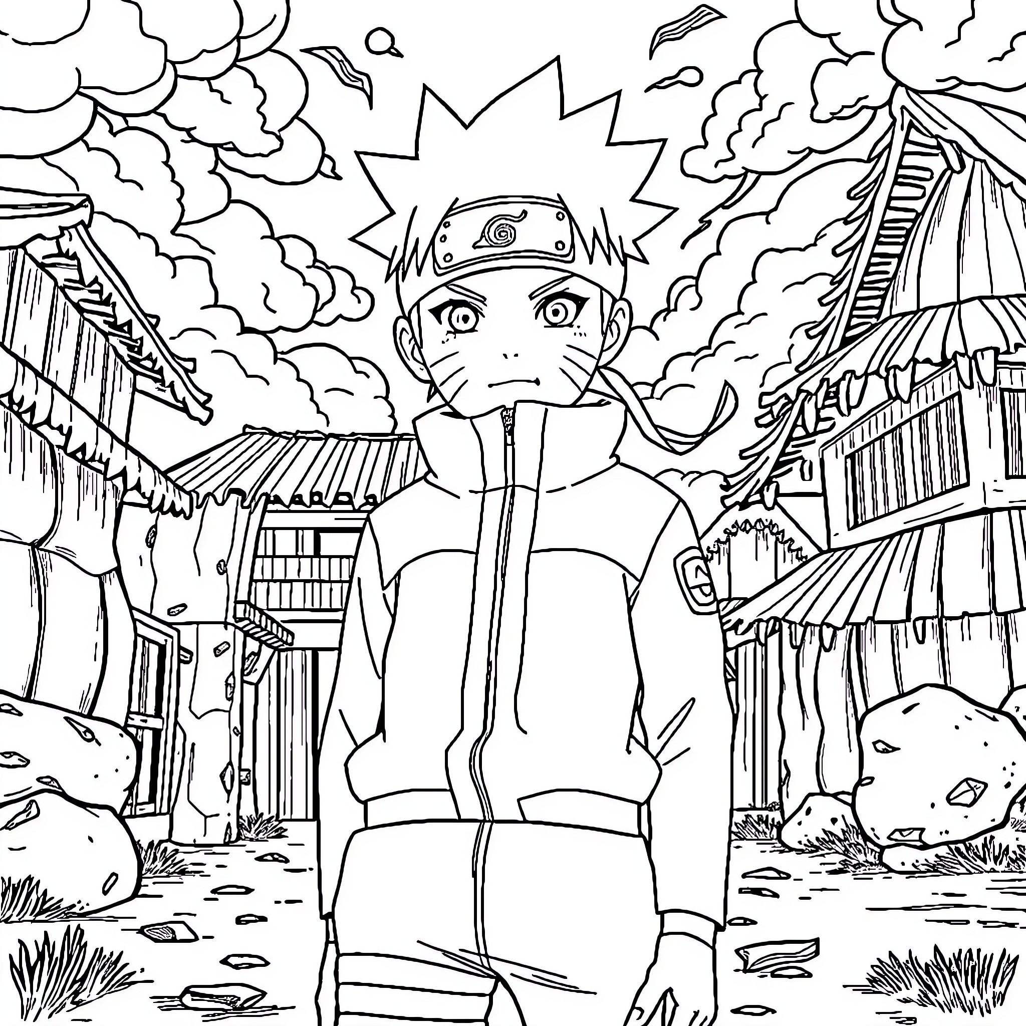 Naruto in an intense anime scene Coloring Page (free black-and-white line drawing printable PDF for all, from beginners to advanced learners, including children, teens, adults, and seniors)