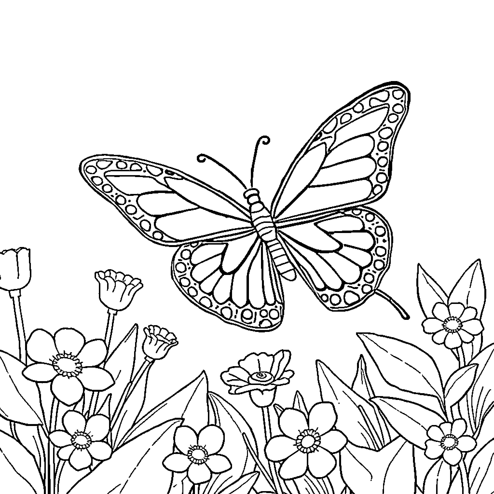Butterfly flying amidst blooming flowers Coloring Page (free black-and-white line drawing printable PDF for all, from beginners to advanced learners, including children, teens, adults, and seniors)