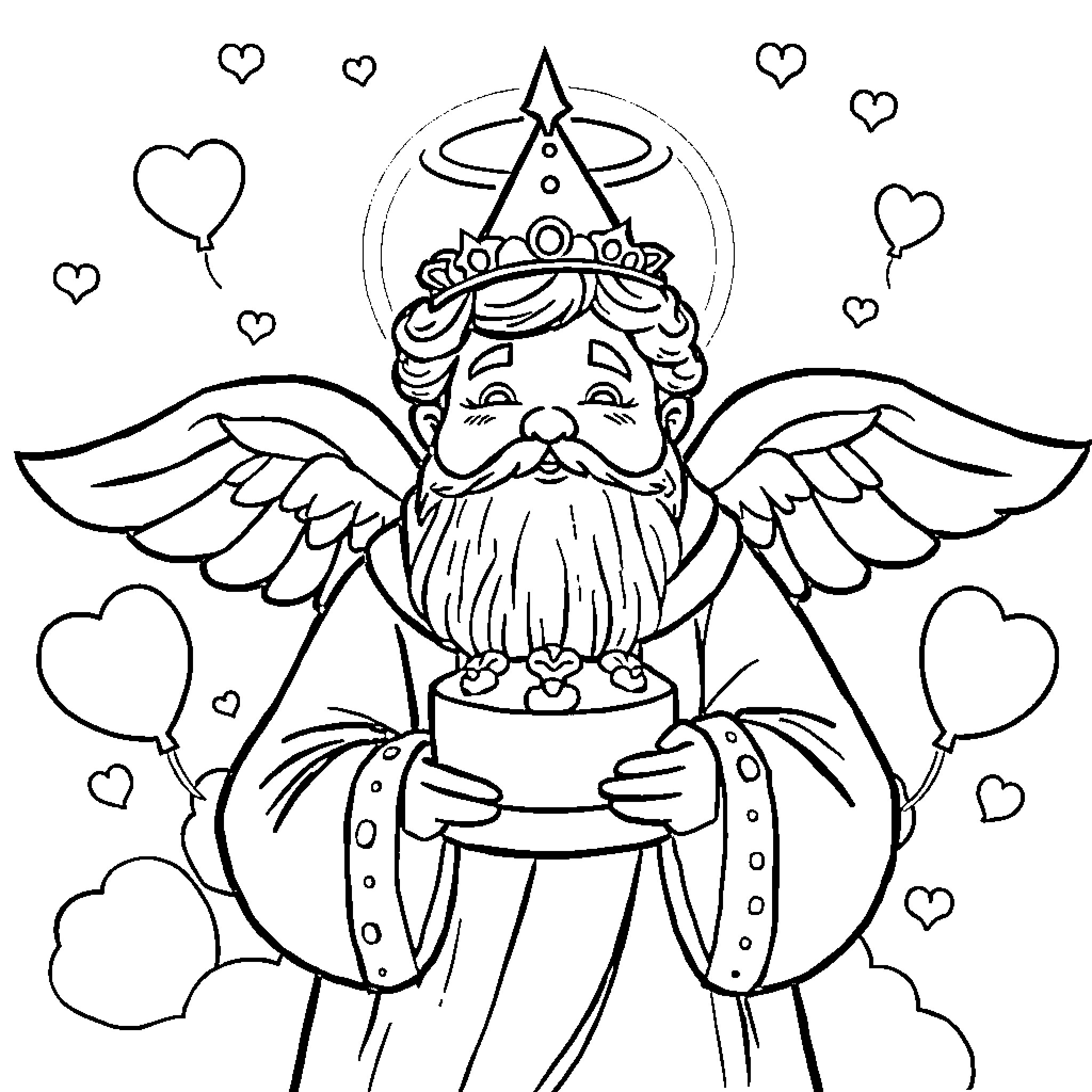 Grandfather angel holding a heart-shaped gift Coloring Page (free black-and-white line drawing printable PDF for all, from beginners to advanced learners, including children, teens, adults, and seniors)