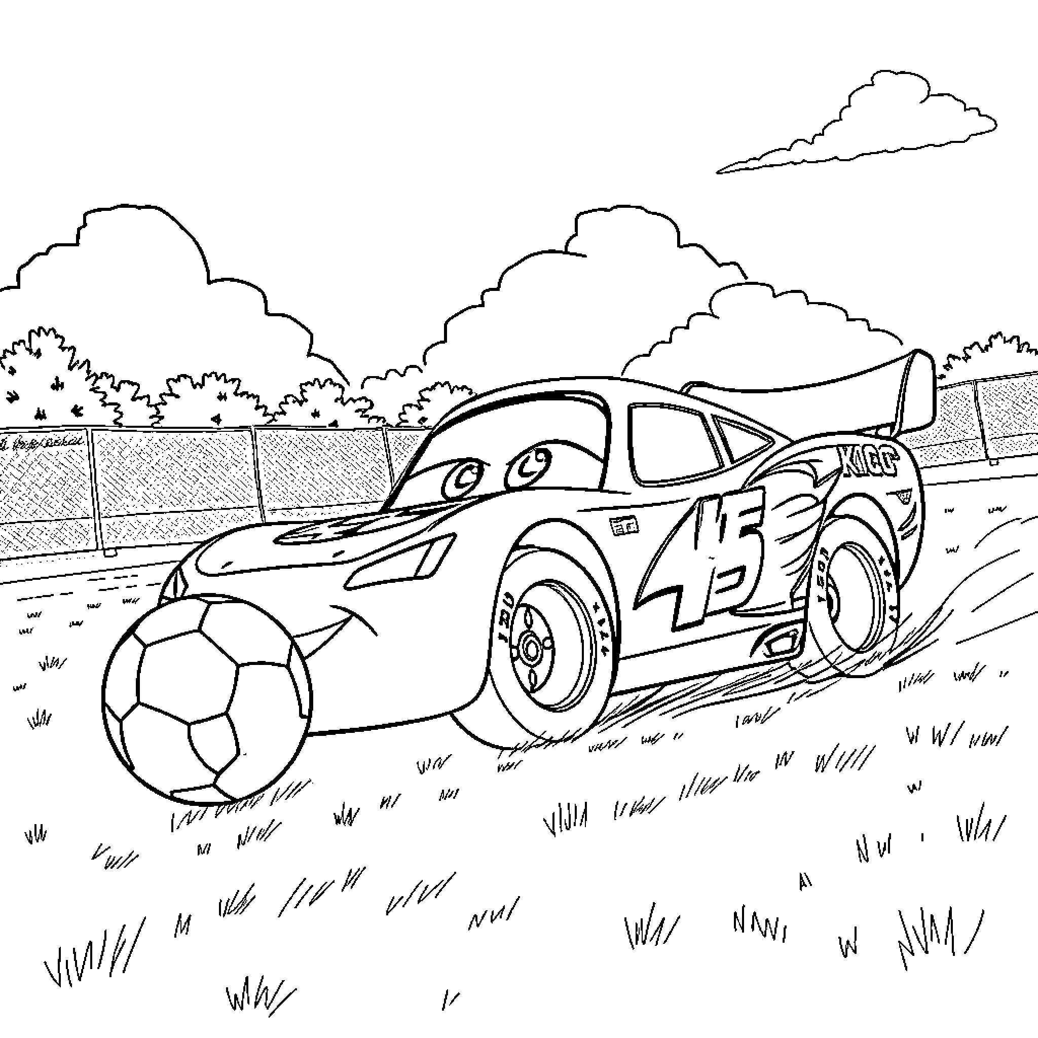 Rayo McQueen playing with a soccer ball on the field Coloring Page (free black-and-white line drawing printable PDF for all, from beginners to advanced learners, including children, teens, adults, and seniors)