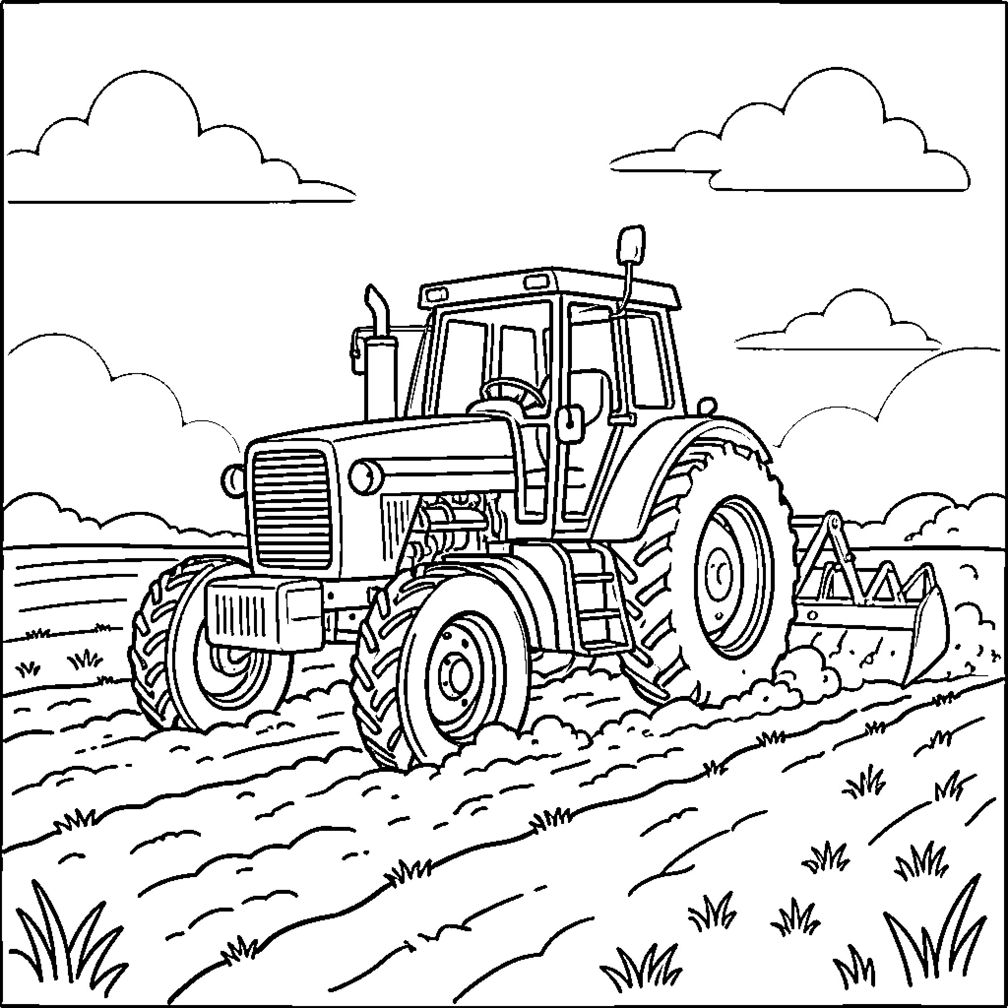Tractor plowing the field in the countryside Coloring Page (free black-and-white line drawing printable PDF for all, from beginners to advanced learners, including children, teens, adults, and seniors)