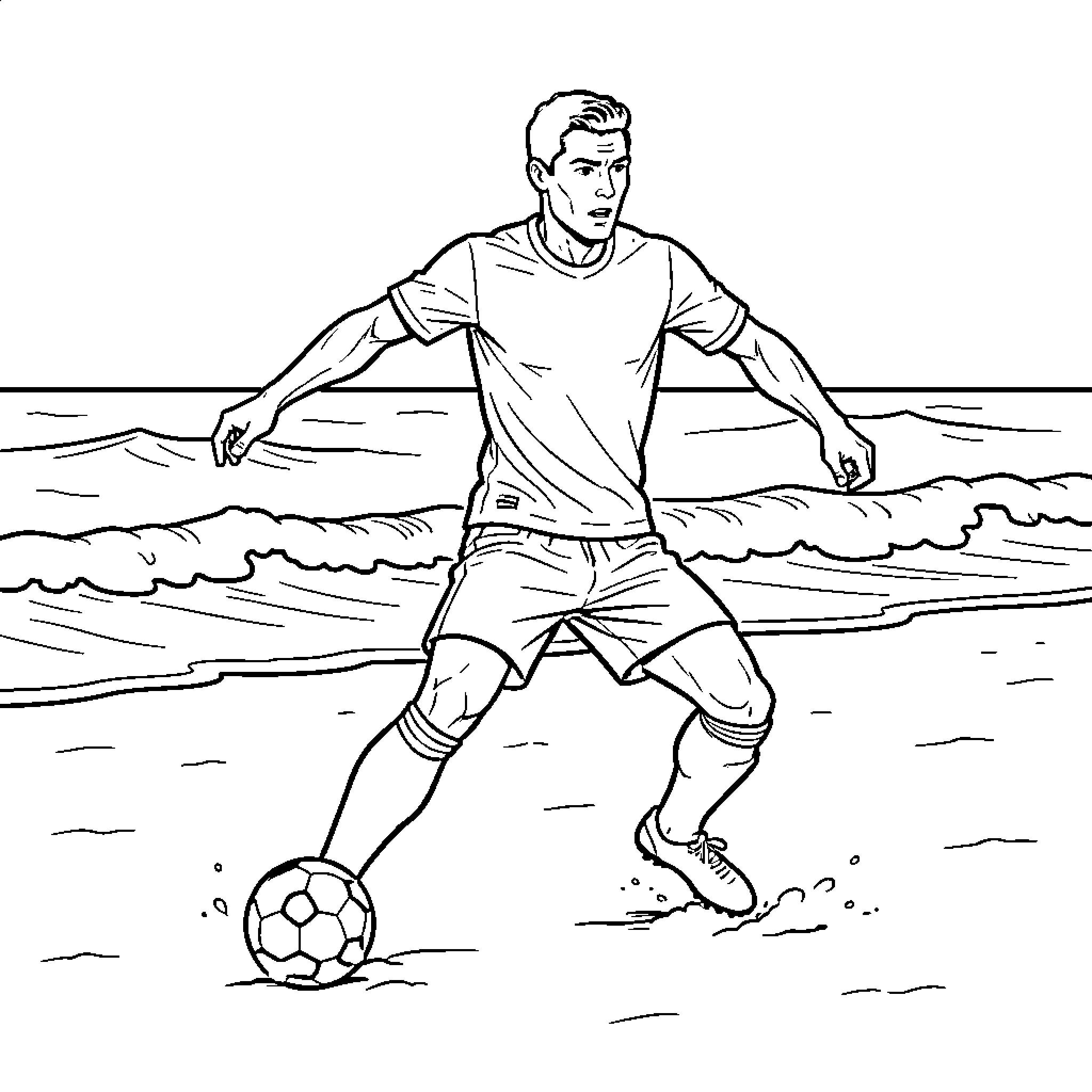 Ronaldo playing soccer on the beach Coloring Page (free black-and-white line drawing printable PDF for all, from beginners to advanced learners, including children, teens, adults, and seniors)