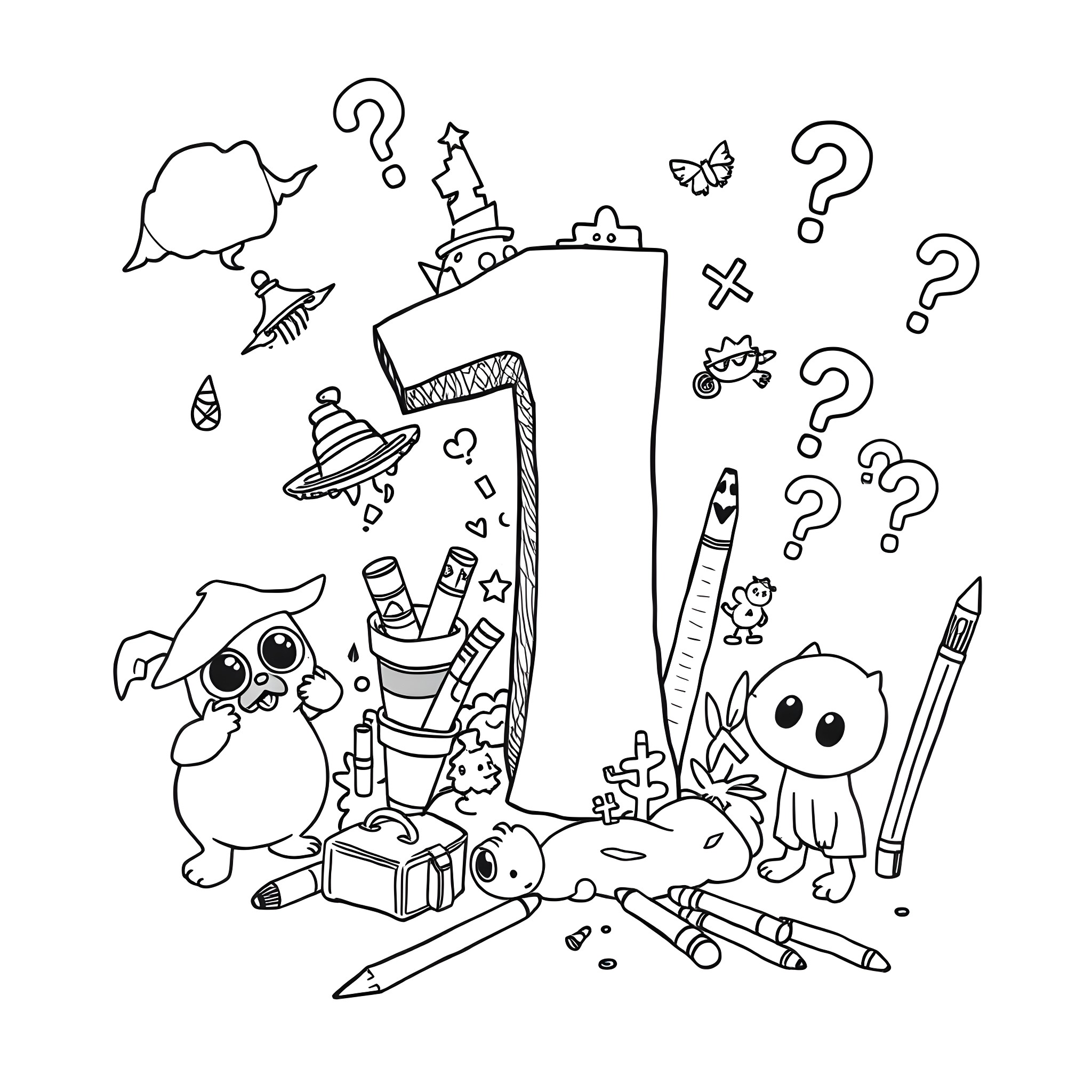 Number One with Various Cartoon Characters and School Supplies Coloring Page (free black-and-white line drawing printable PDF for all, from beginners to advanced learners, including children, teens, adults, and seniors)