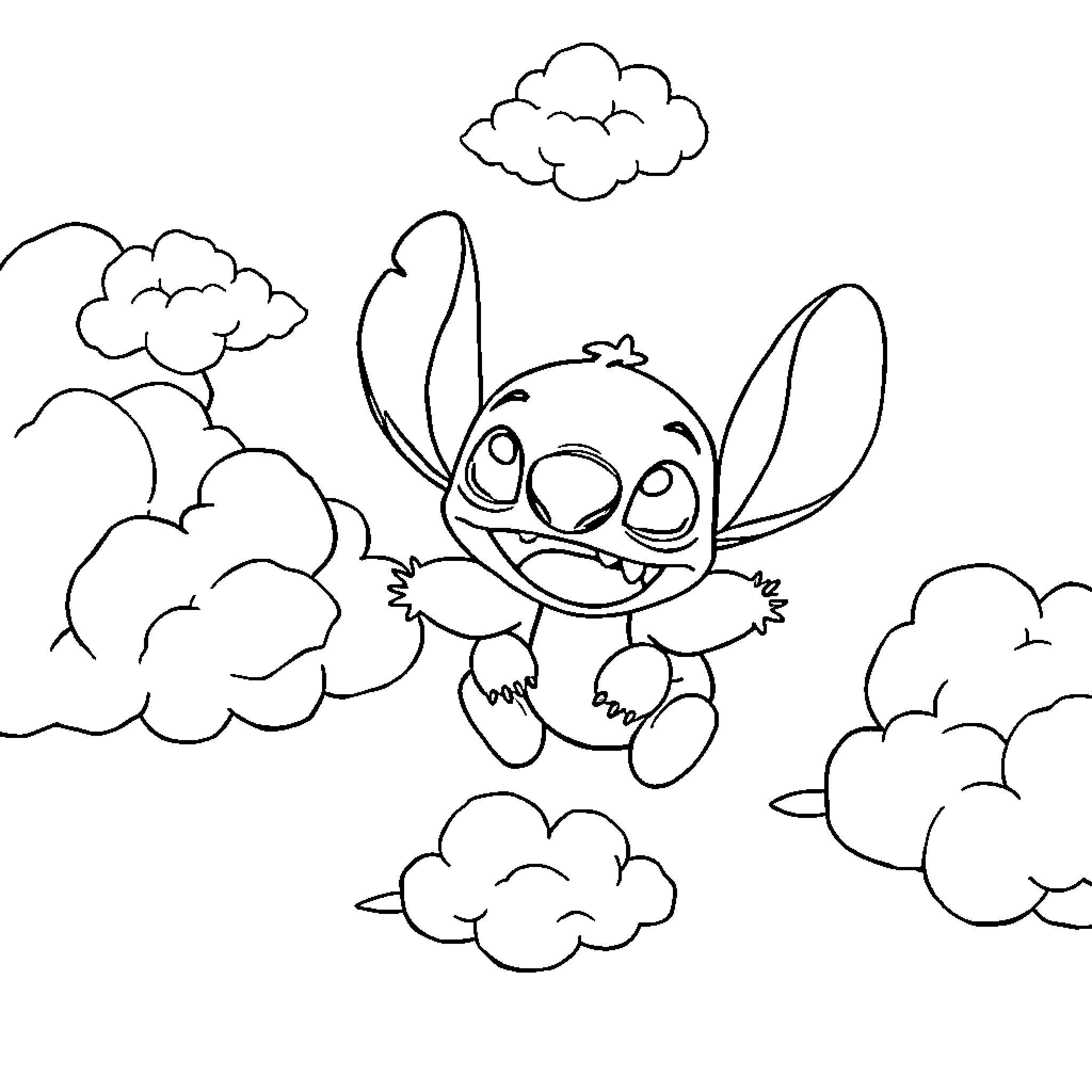Stitch jumping playfully through cloudy skies Coloring Page (free black-and-white line drawing printable PDF for all, from beginners to advanced learners, including children, teens, adults, and seniors)