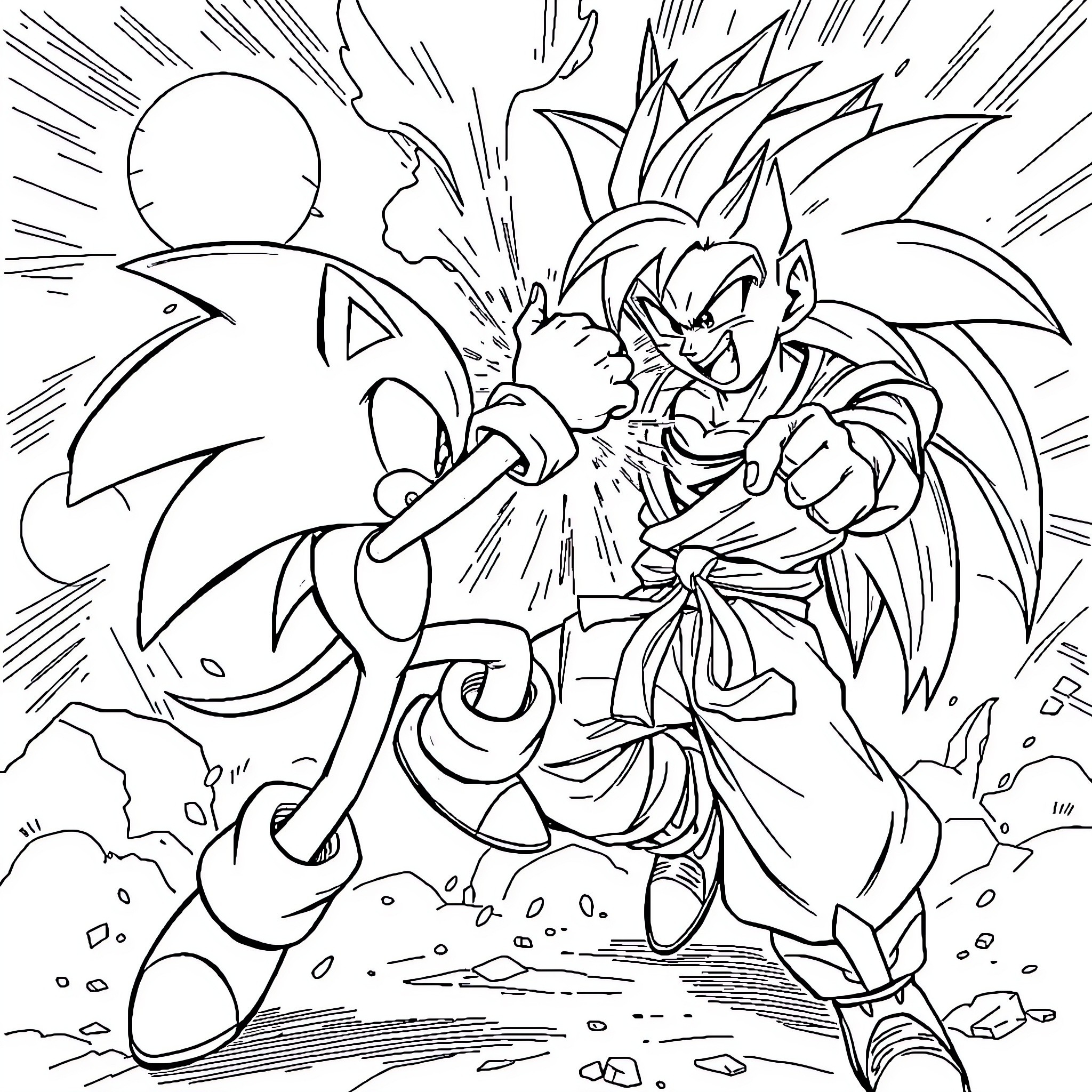 Sonic's Epic Battle Against Powerful Foe Coloring Page (free black-and-white line drawing printable PDF for all, from beginners to advanced learners, including children, teens, adults, and seniors)