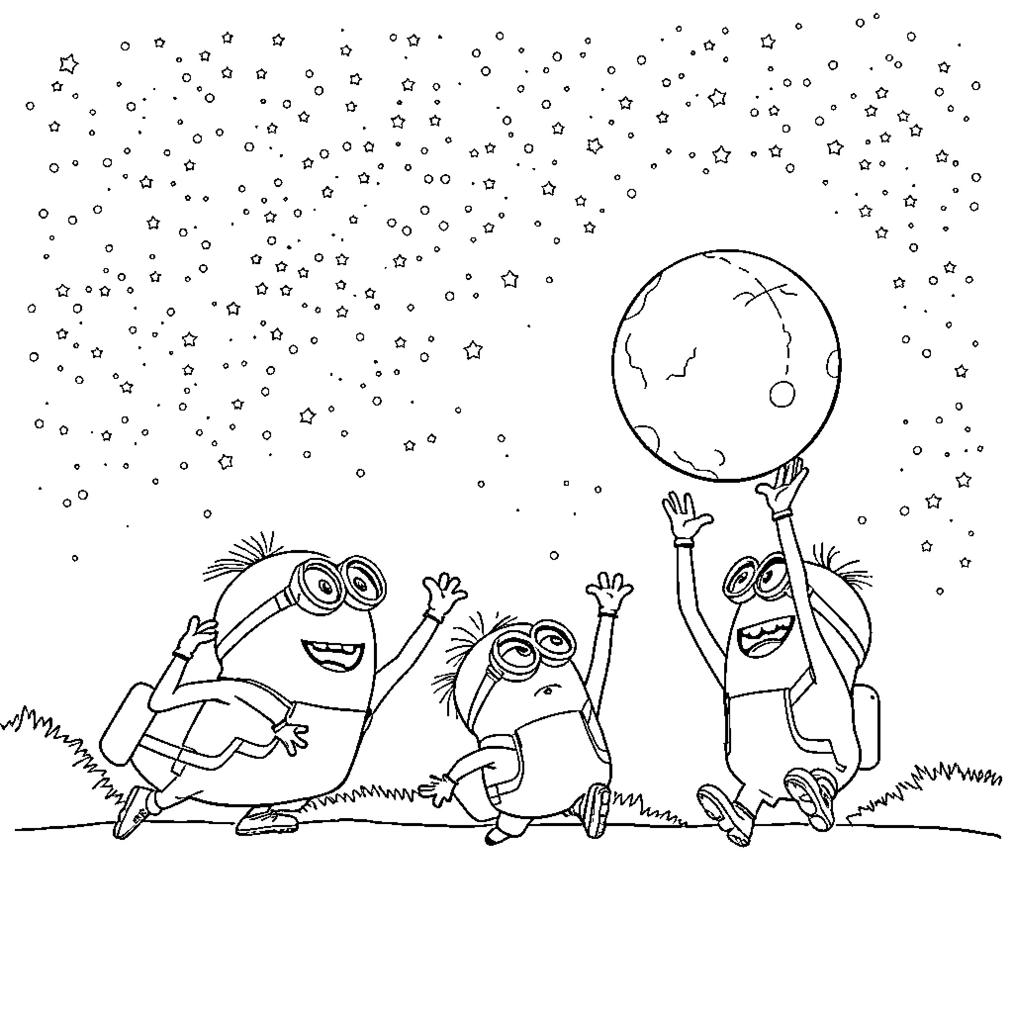 Minions playing joyfully under the starry sky Coloring Page (free black-and-white line drawing printable PDF for all, from beginners to advanced learners, including children, teens, adults, and seniors)