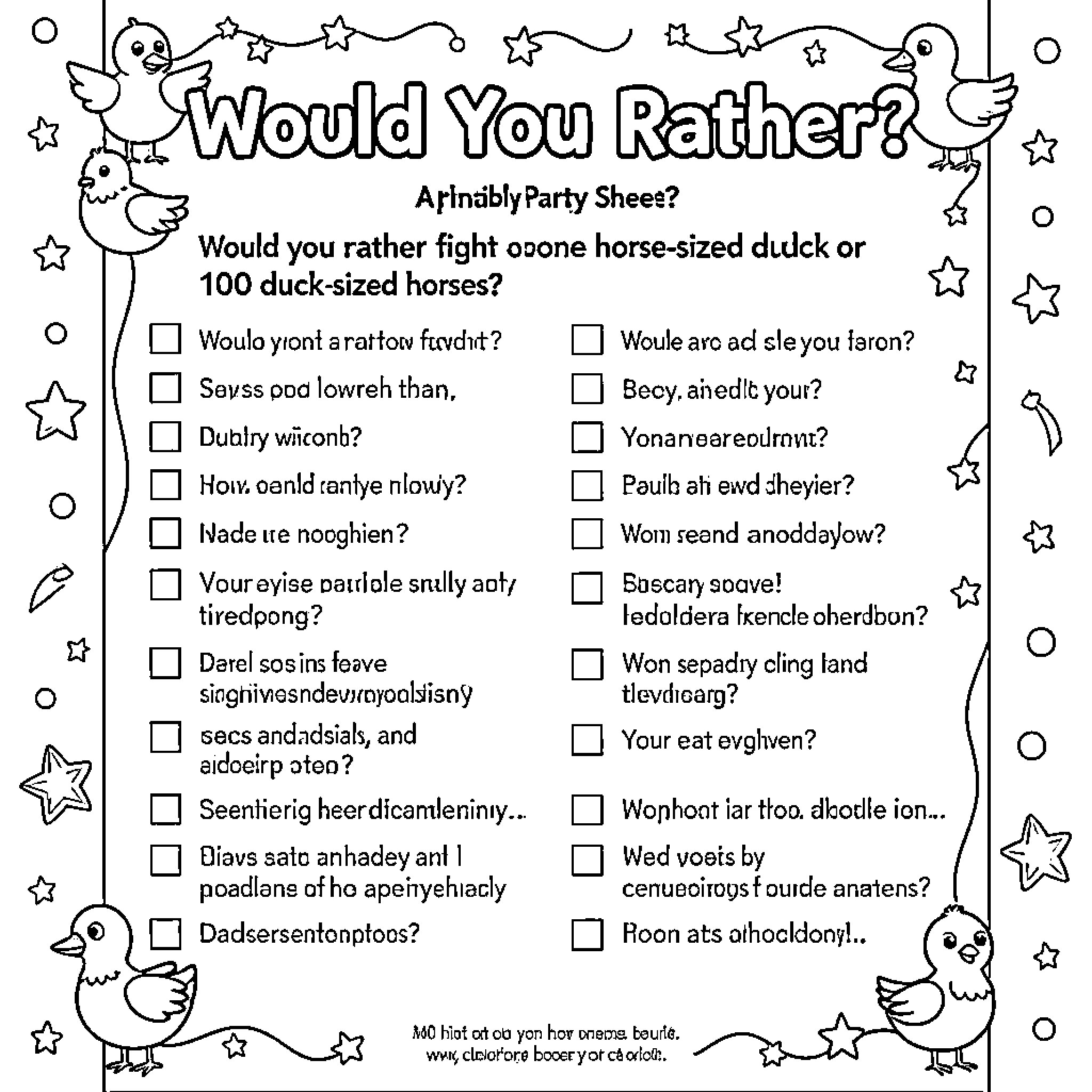 Would You Rather face giant ducks or tiny horses? Coloring Page (free black-and-white line drawing printable PDF for all, from beginners to advanced learners, including children, teens, adults, and seniors)