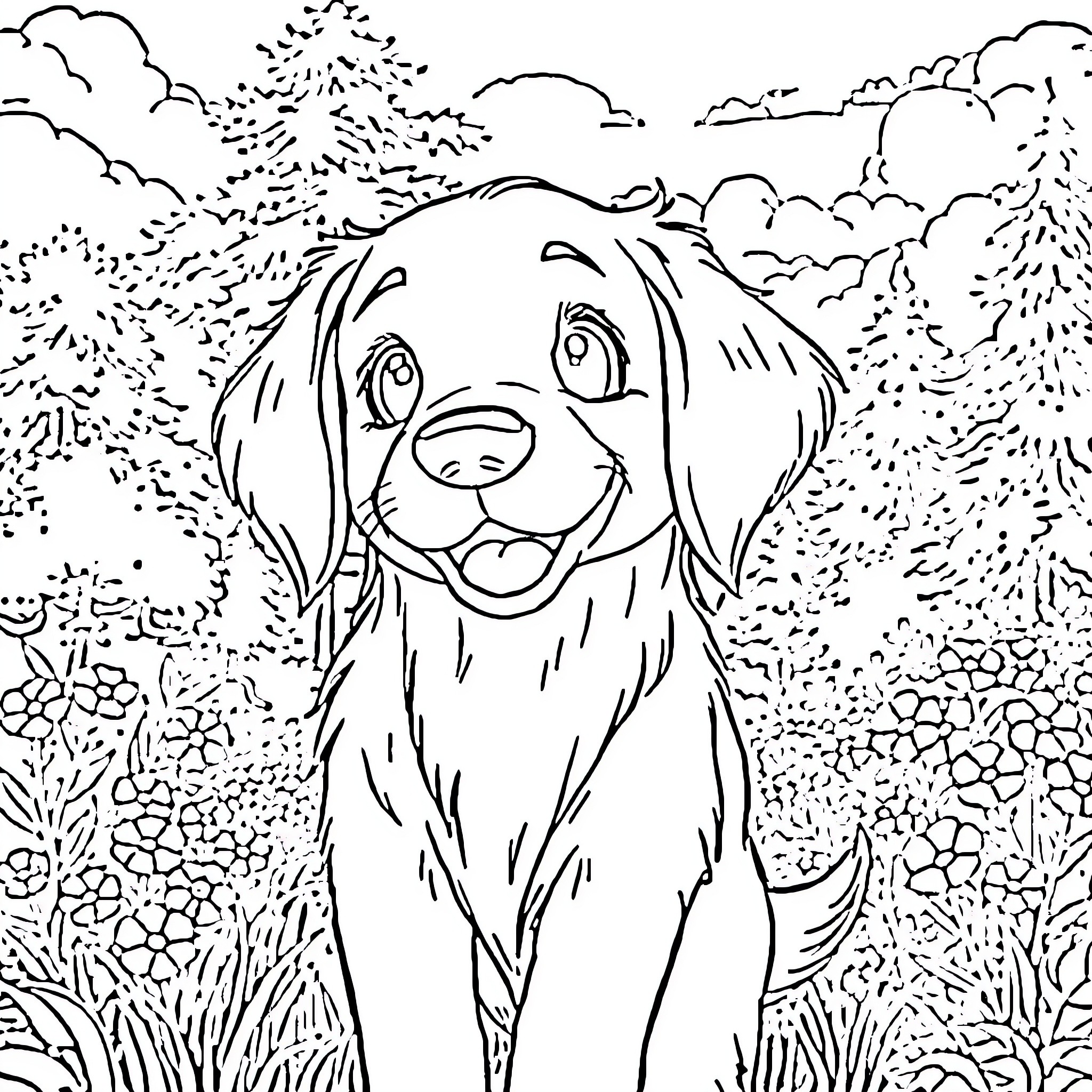 Golden Retriever enjoying nature in the meadow Coloring Page (free black-and-white line drawing printable PDF for all, from beginners to advanced learners, including children, teens, adults, and seniors)