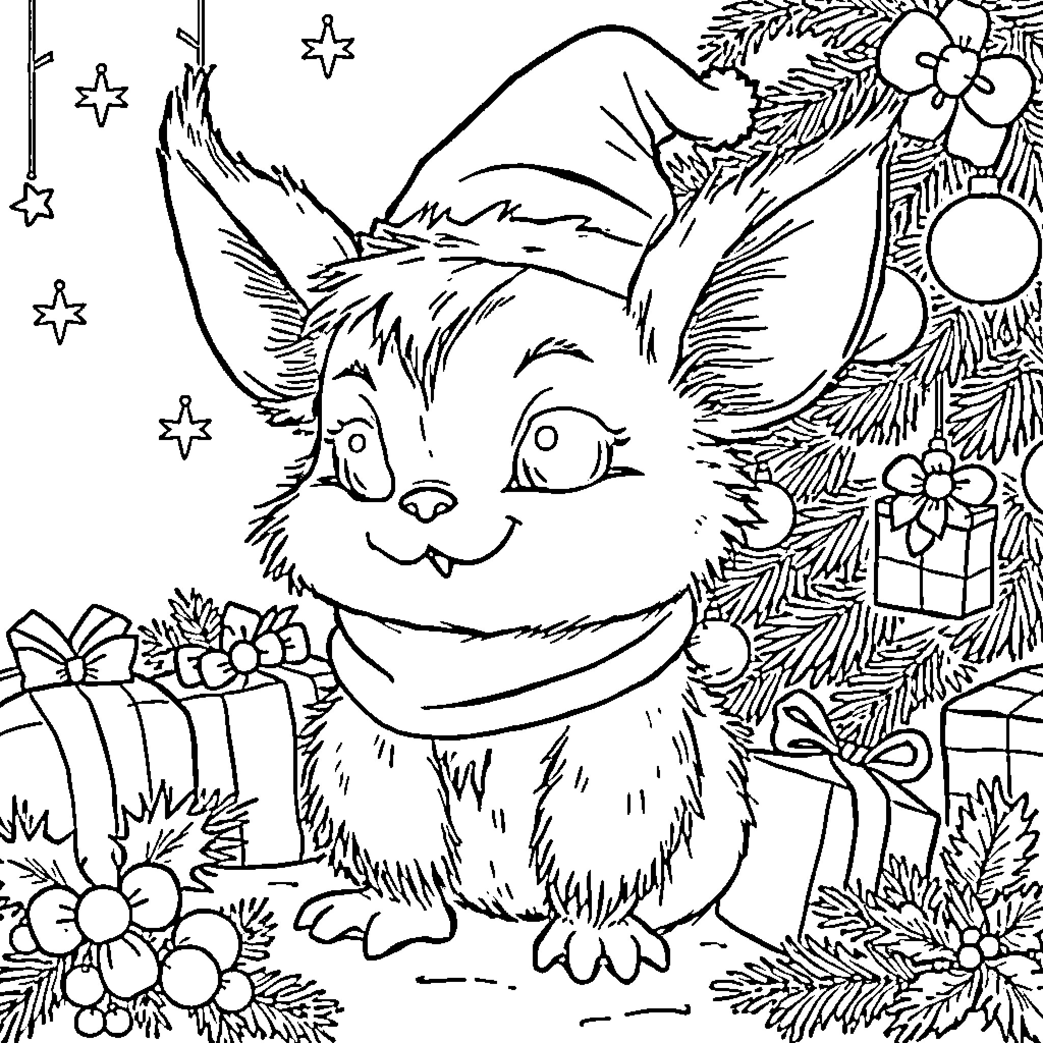 Pichu in a festive holiday scene Coloring Page (free black-and-white line drawing printable PDF for all, from beginners to advanced learners, including children, teens, adults, and seniors)