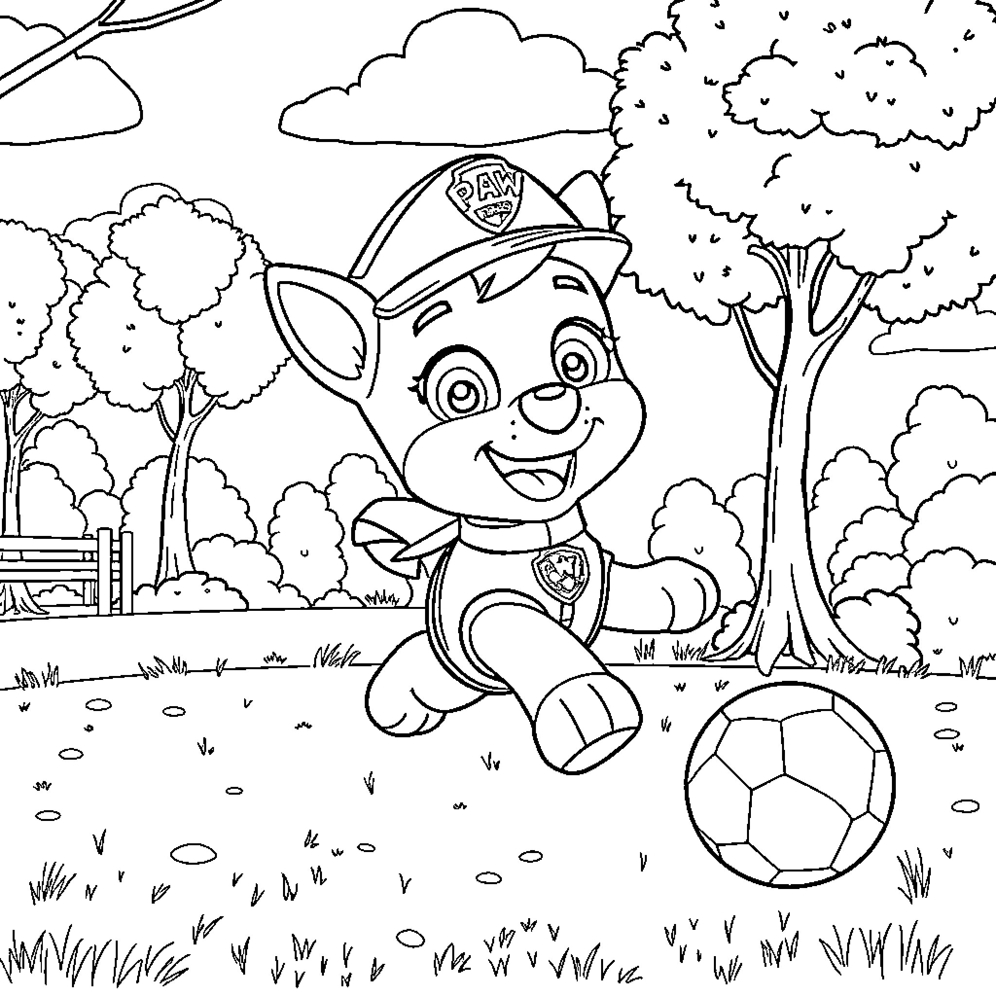 Skye enjoying the outdoors with a soccer ball Coloring Page (free black-and-white line drawing printable PDF for all, from beginners to advanced learners, including children, teens, adults, and seniors)