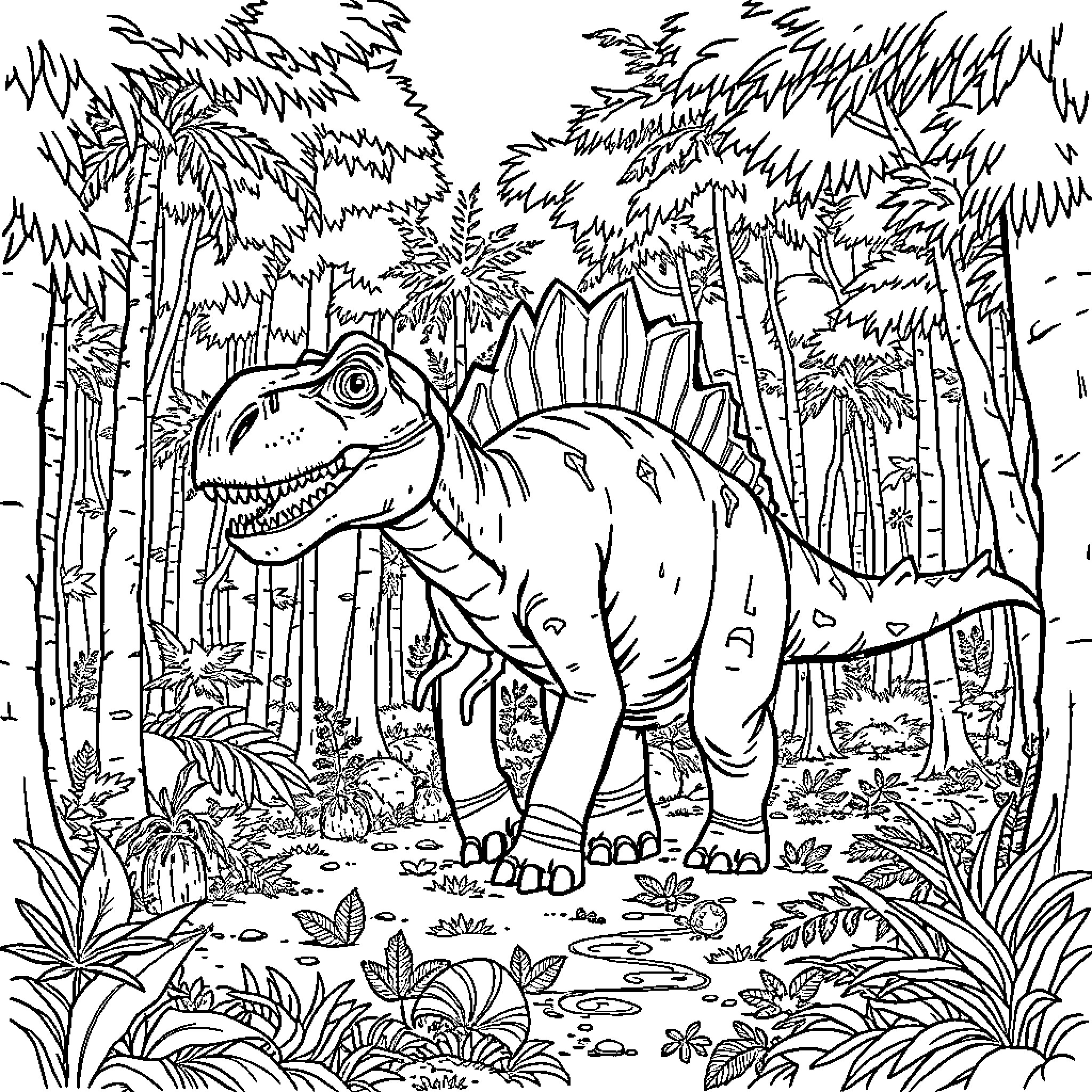 Dinosaur Exploring the Lush Prehistoric Jungle Coloring Page (free black-and-white line drawing printable PDF for all, from beginners to advanced learners, including children, teens, adults, and seniors)