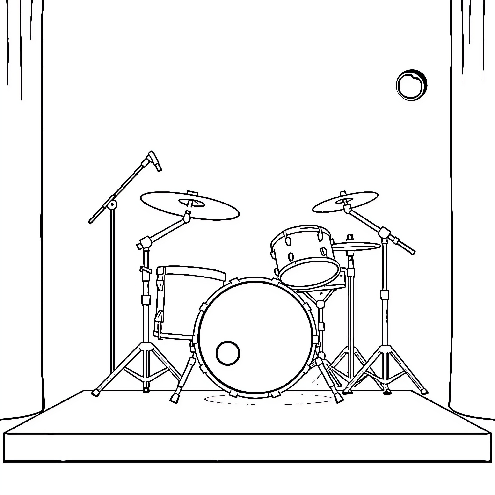 Drum Set Assembled on Stage Coloring Page (free black-and-white line drawing printable PDF for all, from beginners to advanced learners, including children, teens, adults, and seniors)
