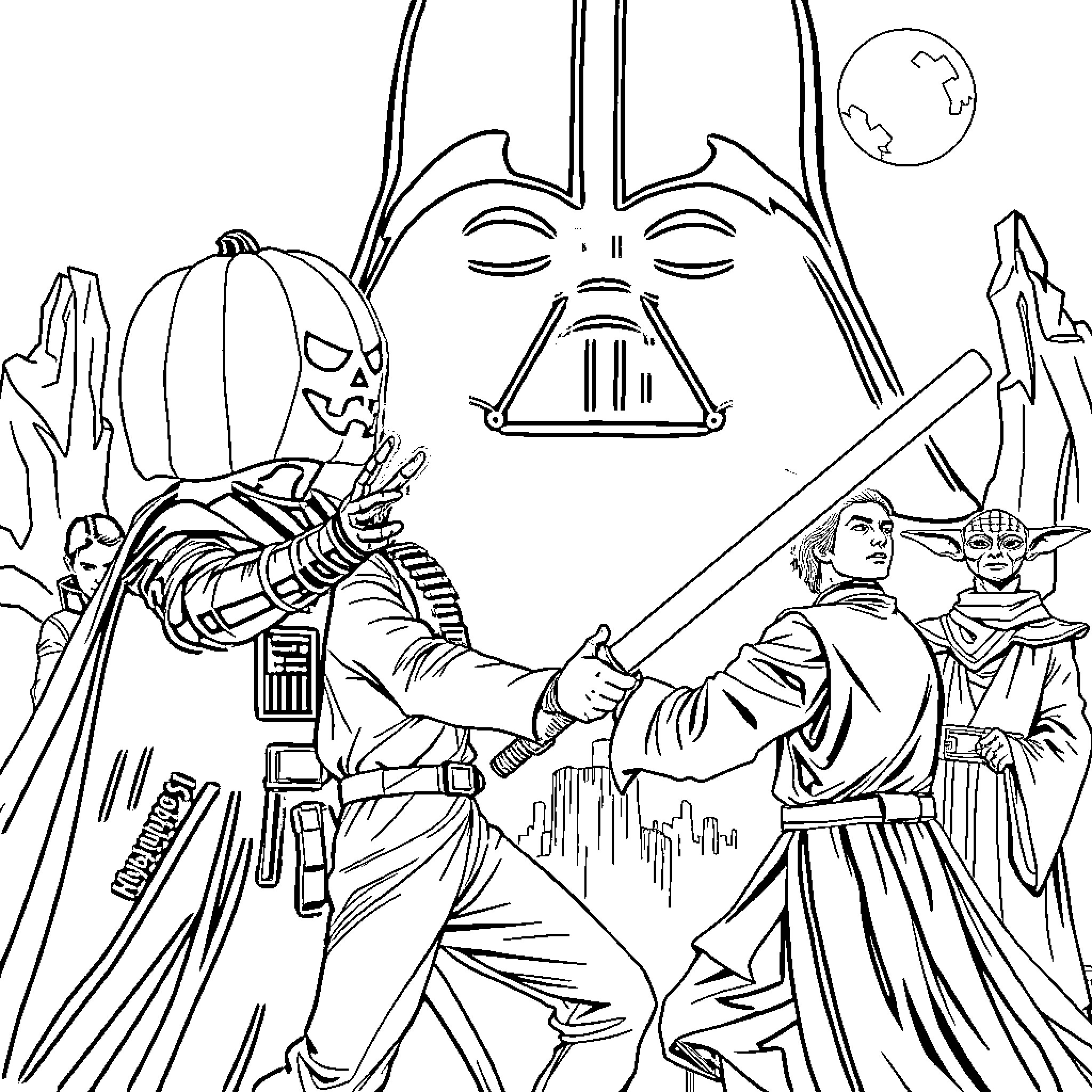 Darth Vader's epic battle against Jedi warriors Coloring Page (free black-and-white line drawing printable PDF for all, from beginners to advanced learners, including children, teens, adults, and seniors)