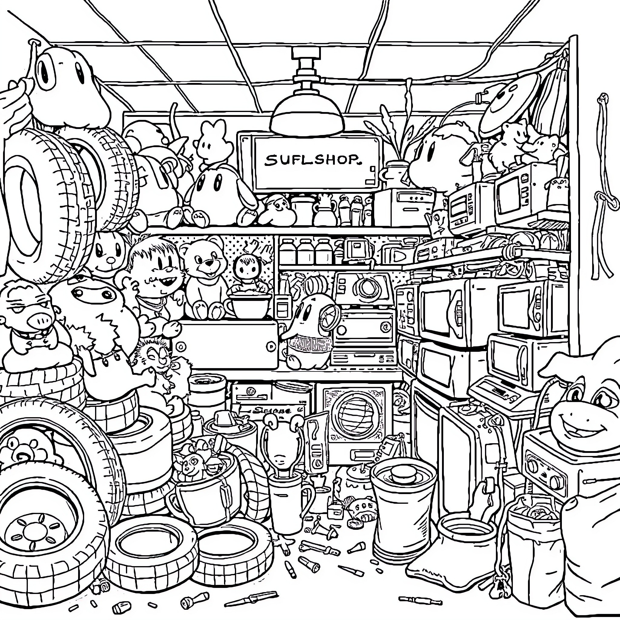 Junk Filled Garage Overflowing with Odds and Ends Coloring Page (free black-and-white line drawing printable PDF for all, from beginners to advanced learners, including children, teens, adults, and seniors)