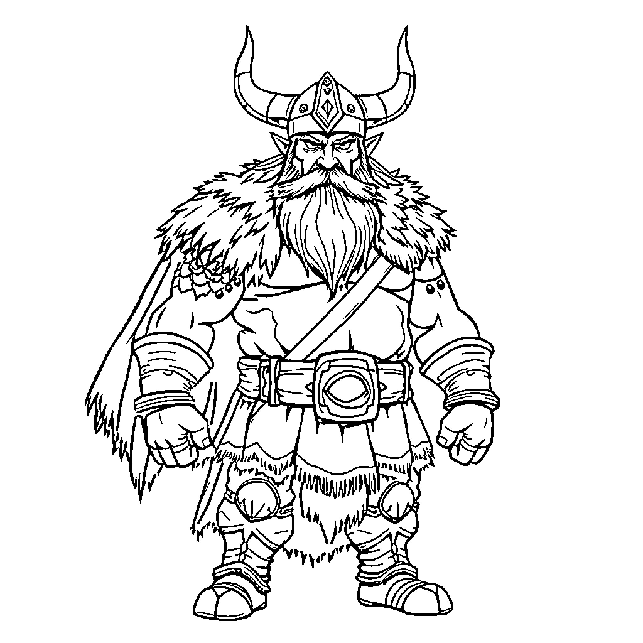 Viking Warrior in Fierce Stance Coloring Page (free black-and-white line drawing printable PDF for all, from beginners to advanced learners, including children, teens, adults, and seniors)