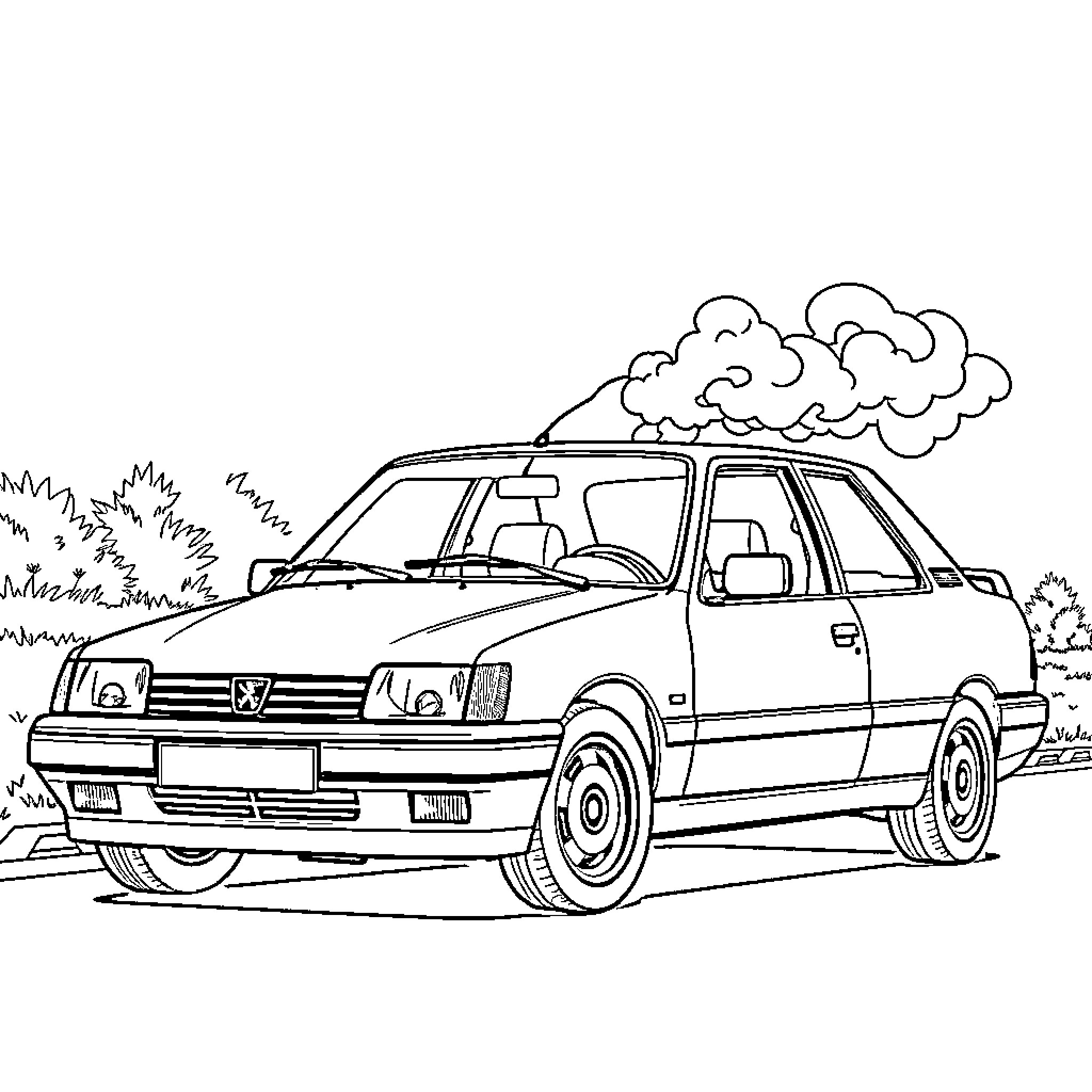 Peugeot car driving through scenic landscape Coloring Page (free black-and-white line drawing printable PDF for all, from beginners to advanced learners, including children, teens, adults, and seniors)