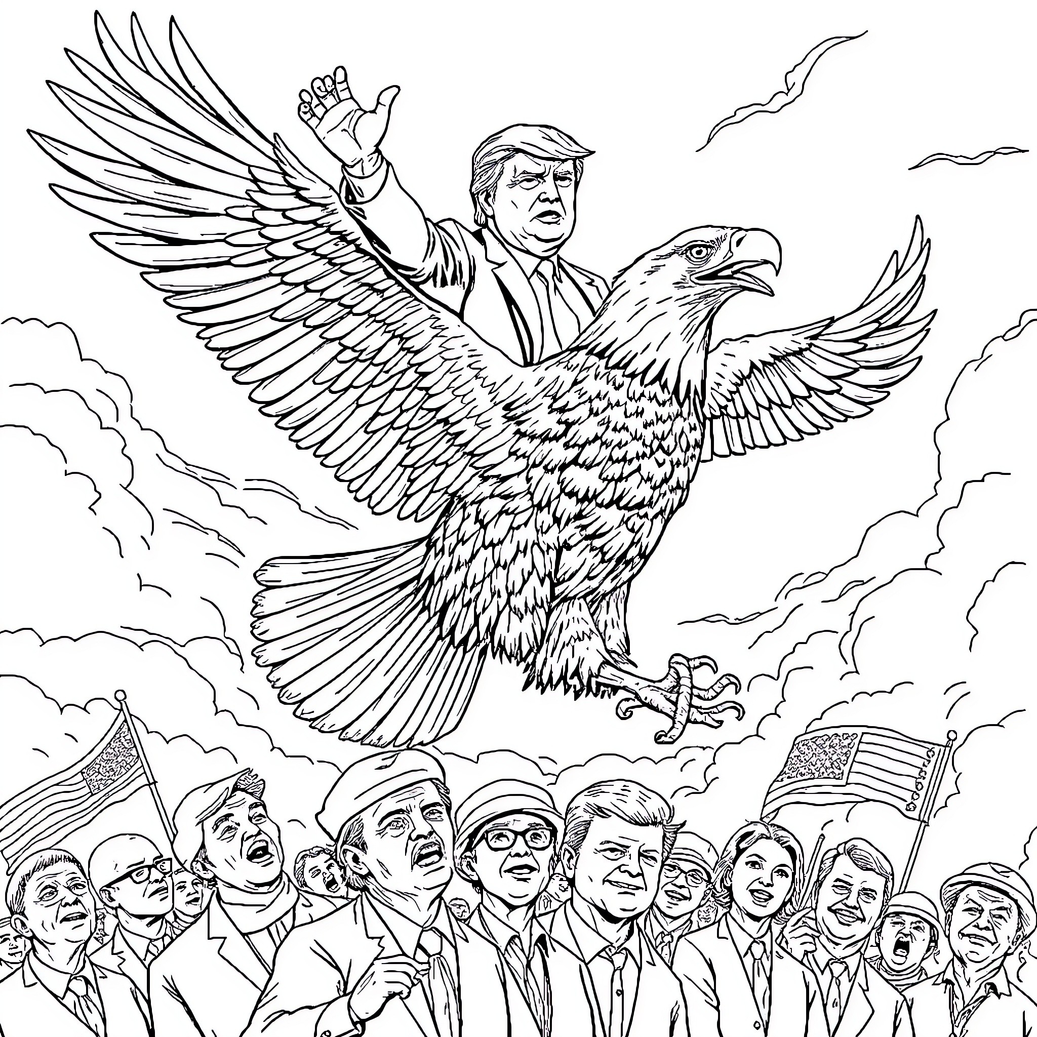 Donald Trump Riding a Majestic Eagle with Loyal Supporters Coloring Page (free black-and-white line drawing printable PDF for all, from beginners to advanced learners, including children, teens, adults, and seniors)