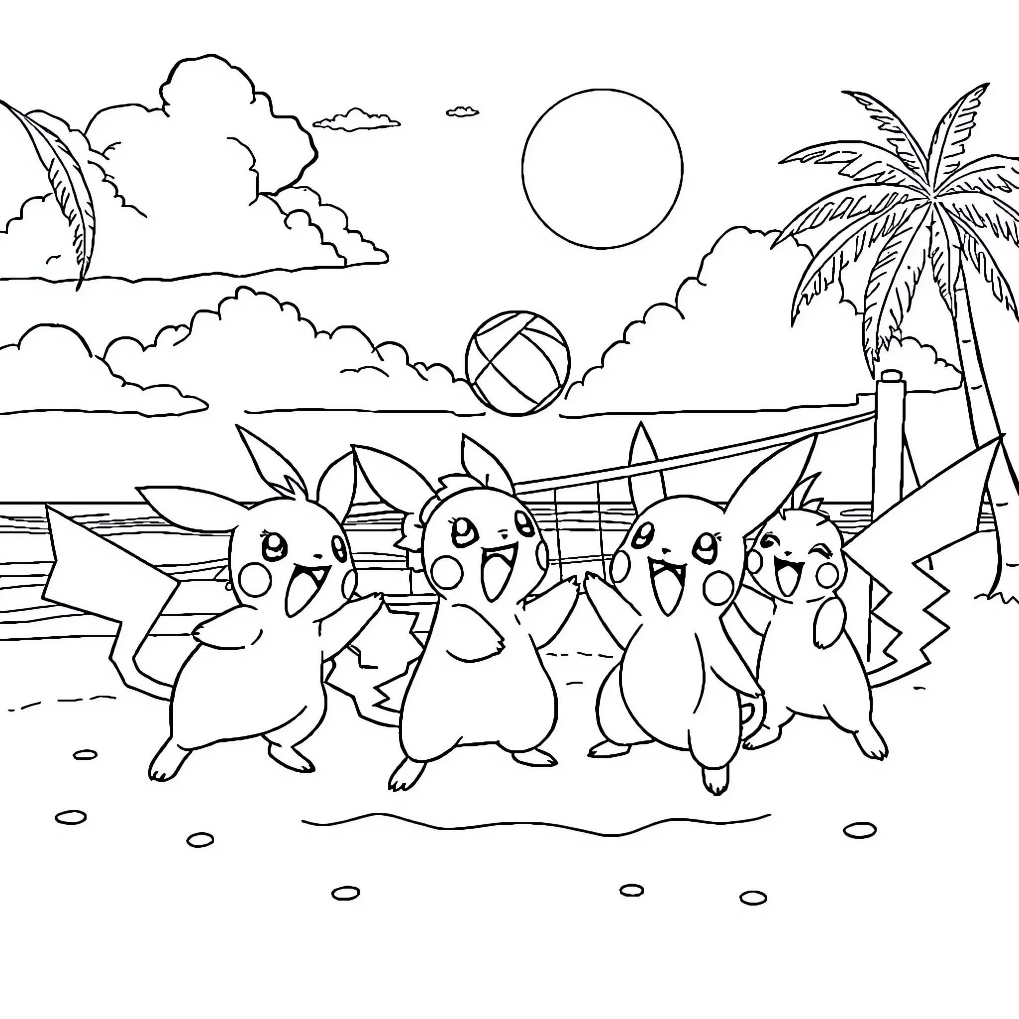 Pokémon enjoying a summer day at the beach Coloring Page (free black-and-white line drawing printable PDF for all, from beginners to advanced learners, including children, teens, adults, and seniors)