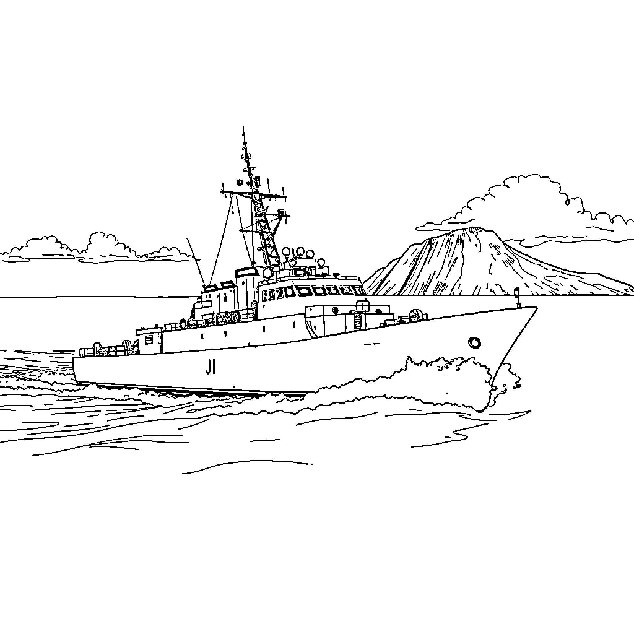 Ship navigating rough seas near rugged coastline Coloring Page (free black-and-white line drawing printable PDF for all, from beginners to advanced learners, including children, teens, adults, and seniors)