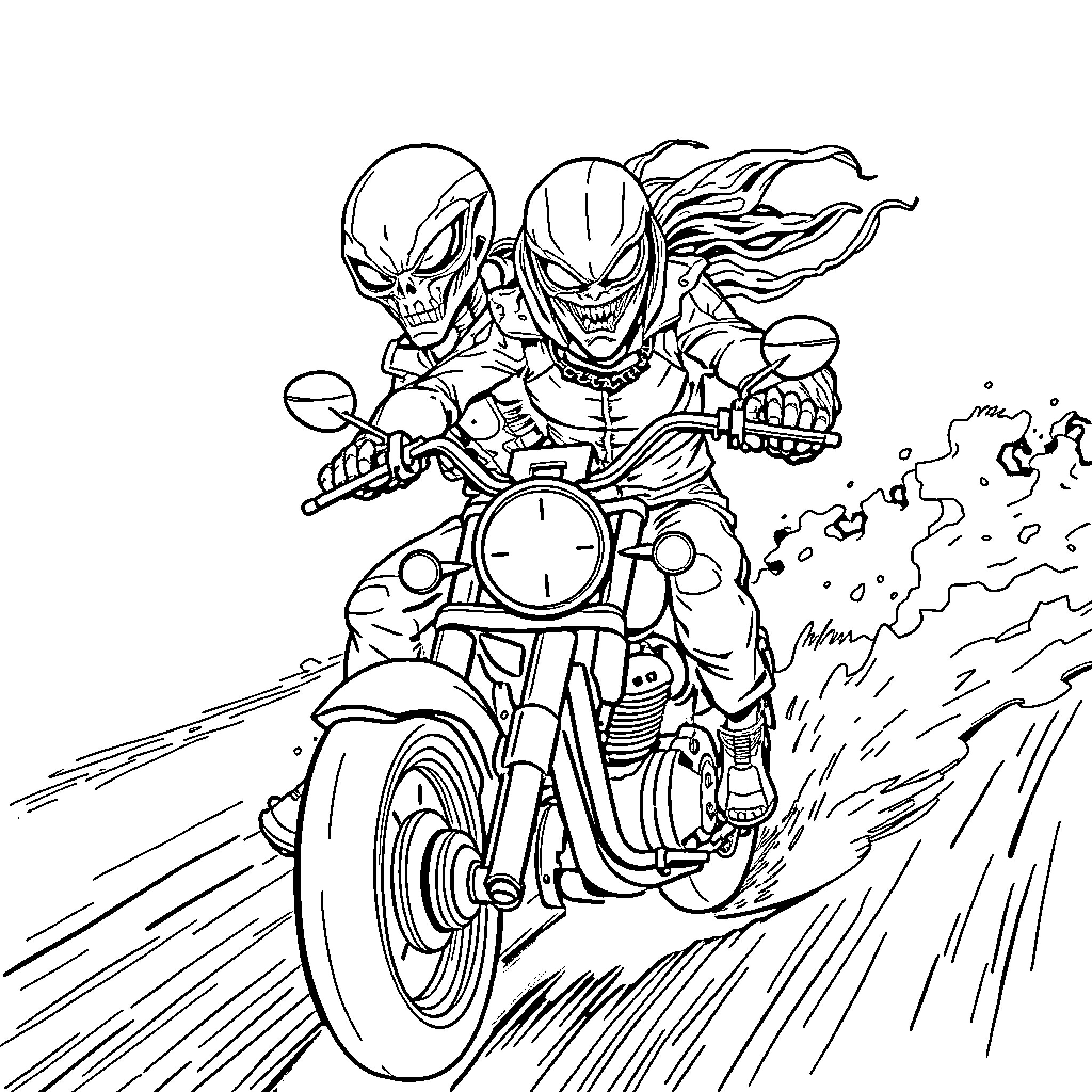 Alien Bikers Racing on Motorcycle Amid Chaos Coloring Page (free black-and-white line drawing printable PDF for all, from beginners to advanced learners, including children, teens, adults, and seniors)