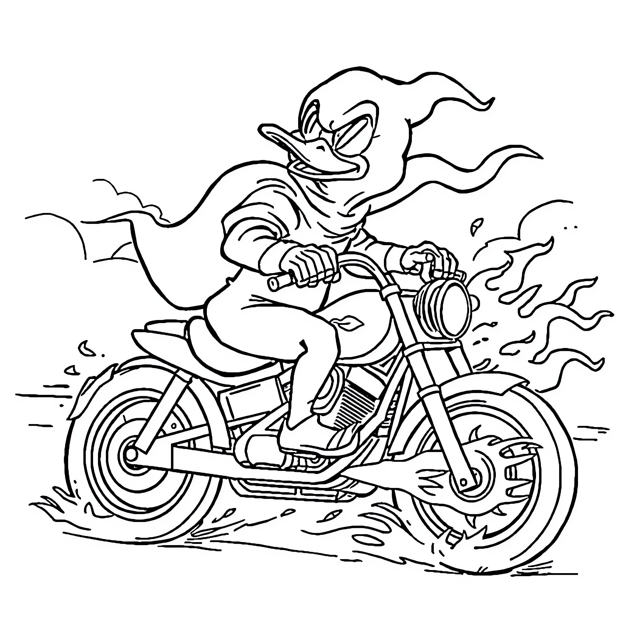 Duck riding motorcycle in the wind Coloring Page (free black-and-white line drawing printable PDF for all, from beginners to advanced learners, including children, teens, adults, and seniors)