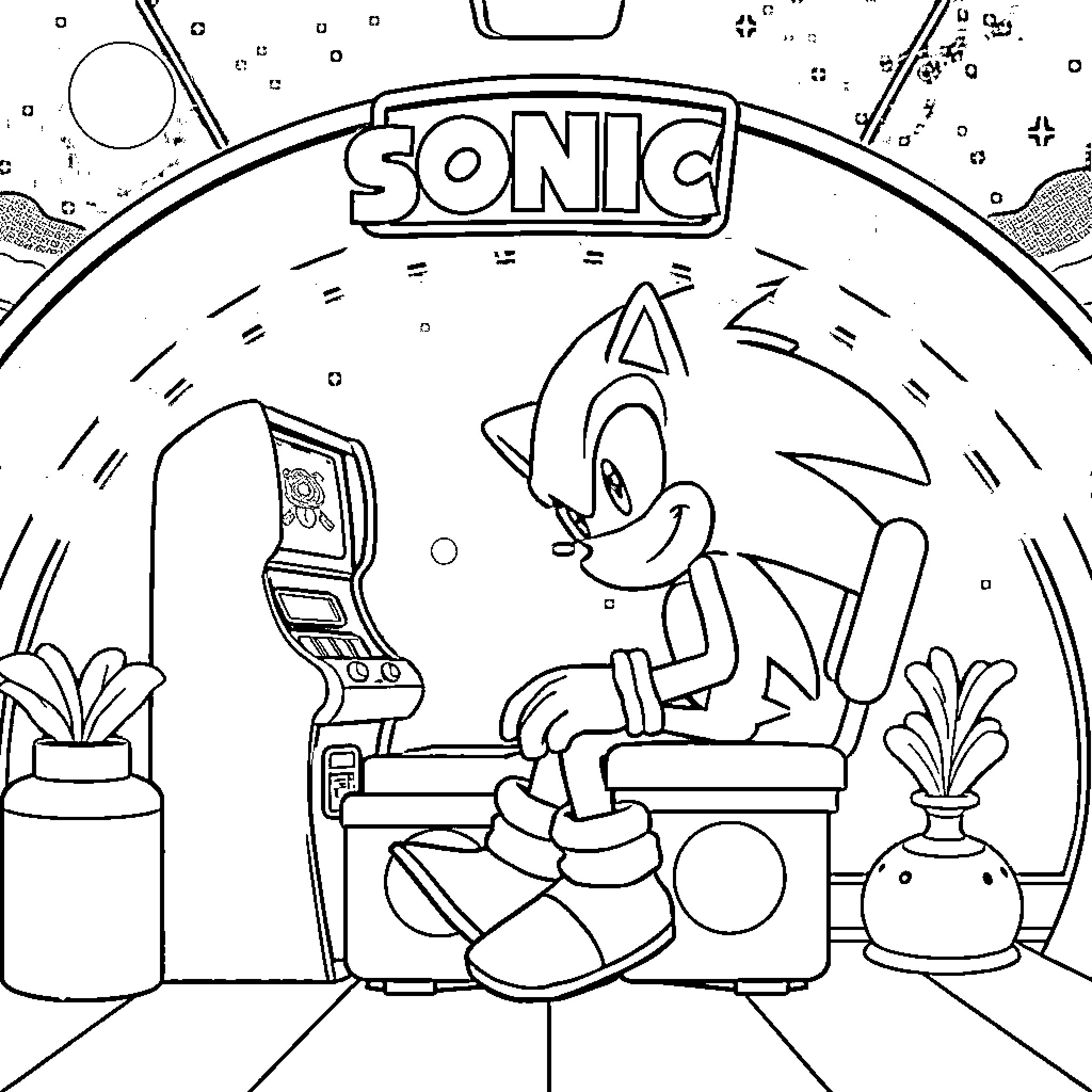 Sonic playing video game in retro gaming room Coloring Page (free black-and-white line drawing printable PDF for all, from beginners to advanced learners, including children, teens, adults, and seniors)