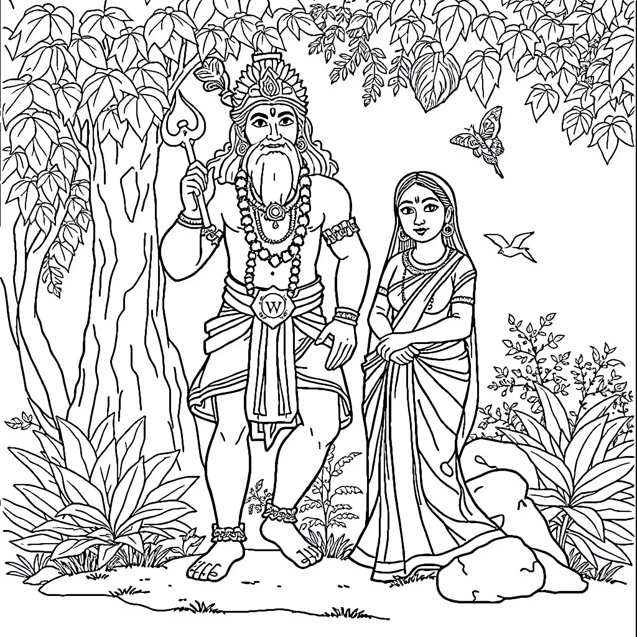 Hanuman and Sita in the Enchanted Forest Coloring Page (free black-and-white line drawing printable PDF for all, from beginners to advanced learners, including children, teens, adults, and seniors)