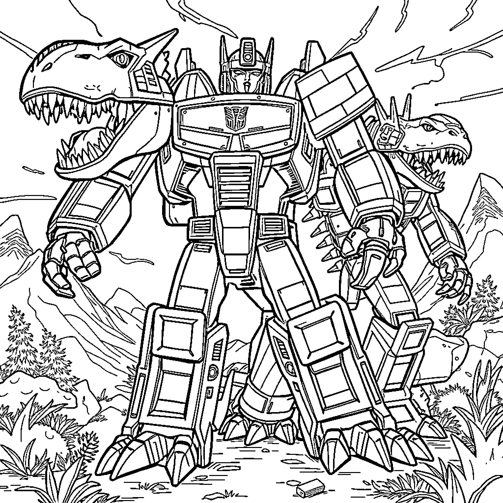 Dinobot warriors in epic robotic battle Coloring Page (free black-and-white line drawing printable PDF for all, from beginners to advanced learners, including children, teens, adults, and seniors)