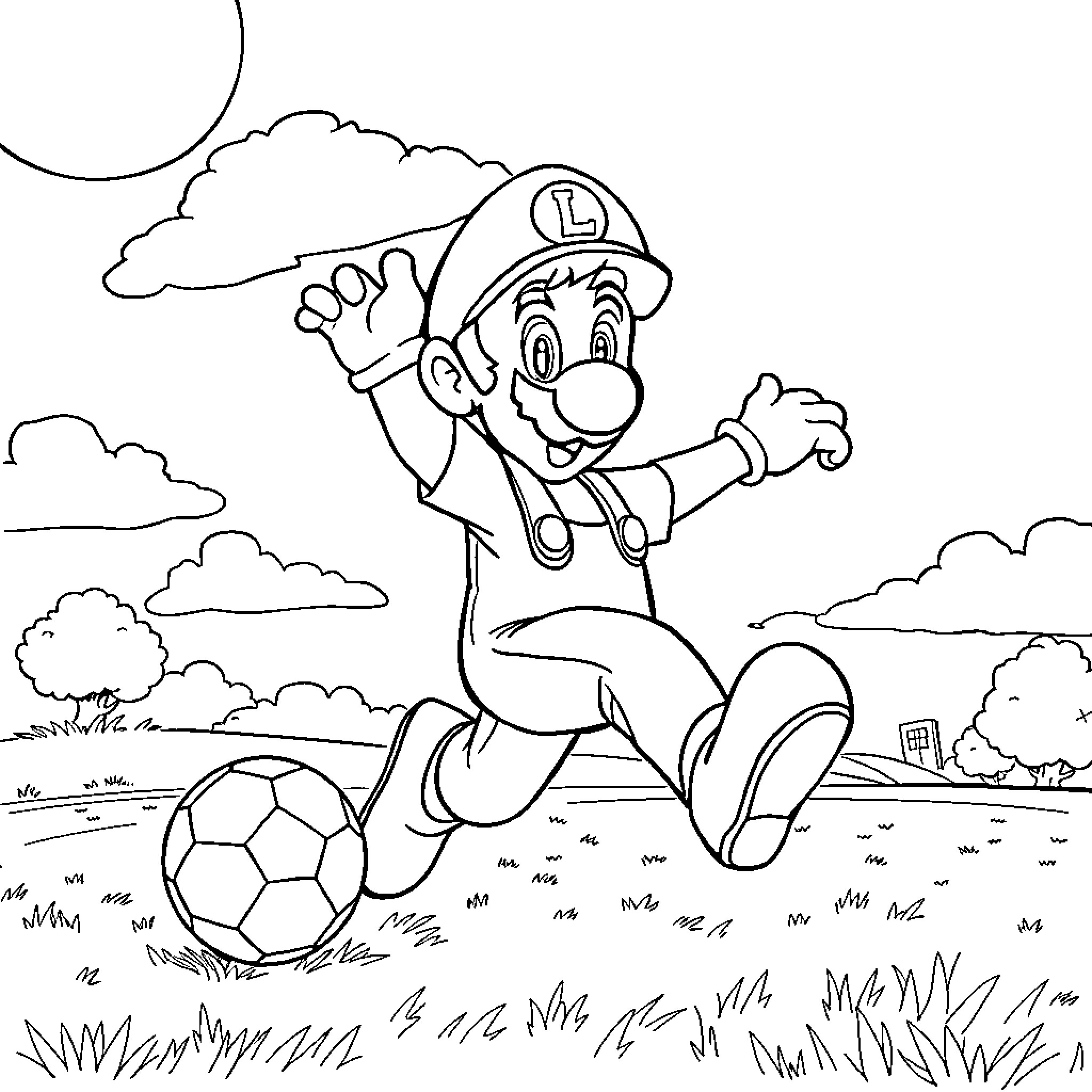 Luigi Plays Soccer Joyfully in the Park Coloring Page (free black-and-white line drawing printable PDF for all, from beginners to advanced learners, including children, teens, adults, and seniors)