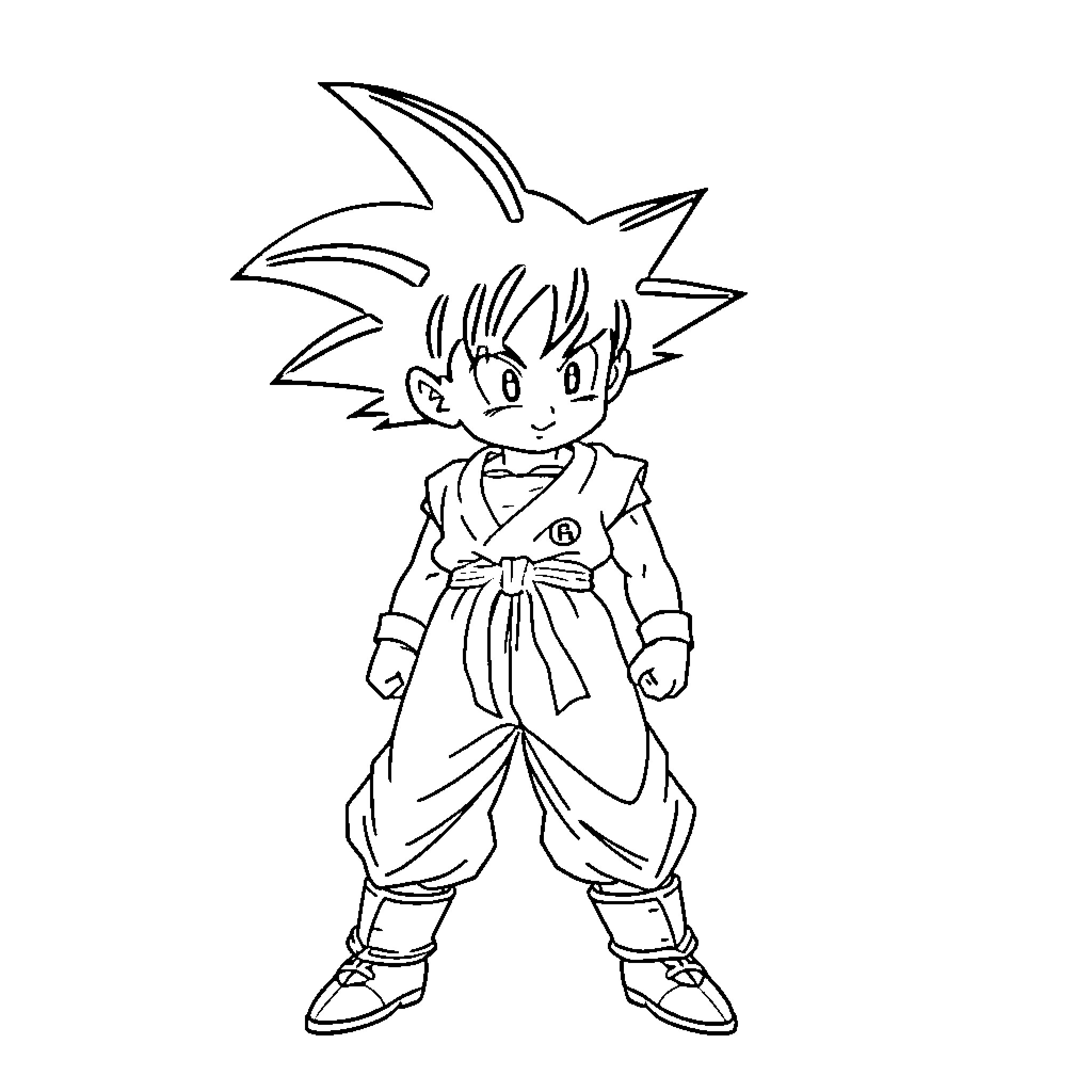 Goku striking a confident pose in his martial arts outfit Coloring Page (free black-and-white line drawing printable PDF for all, from beginners to advanced learners, including children, teens, adults, and seniors)