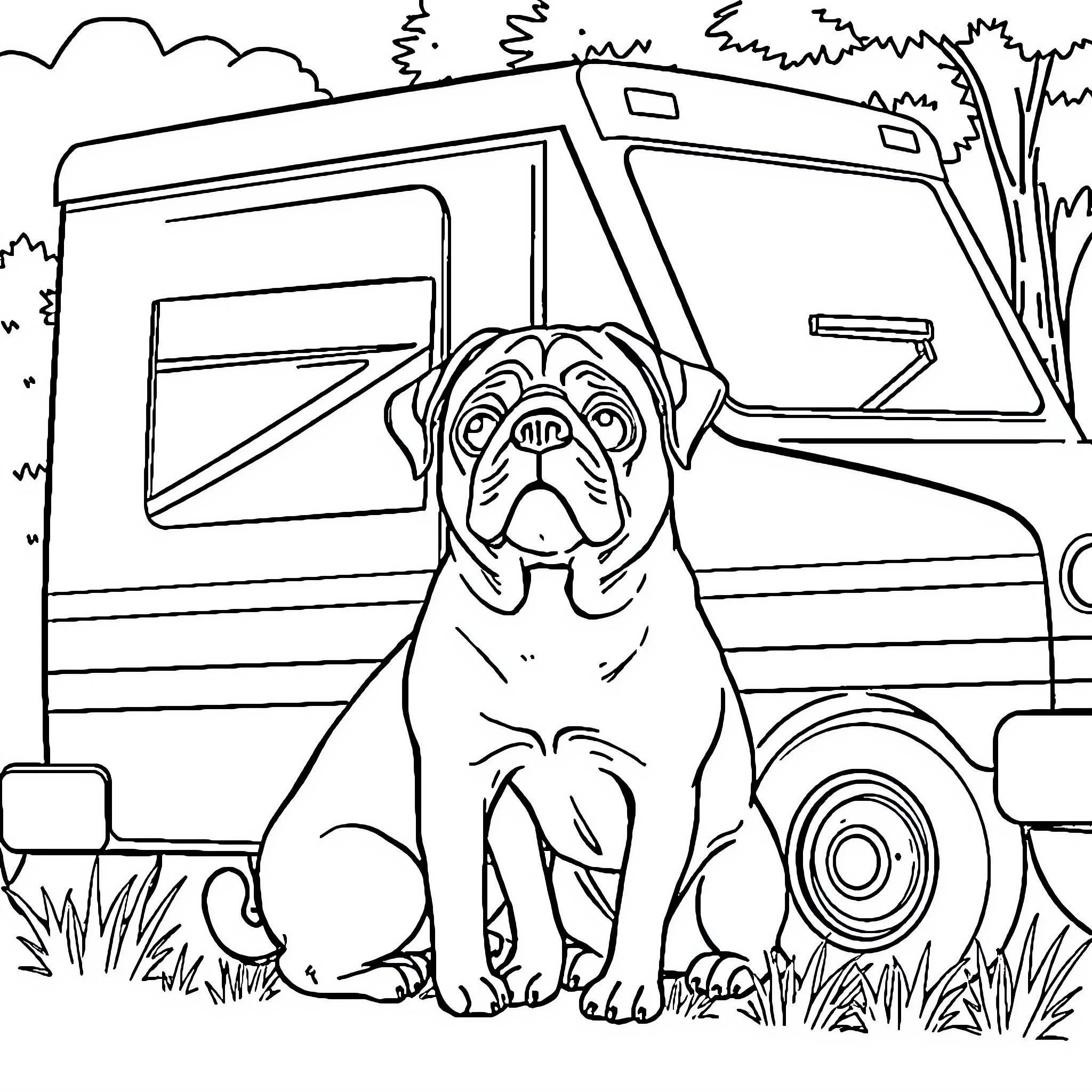 Pug enjoying the outdoors near a recreational vehicle Coloring Page (free black-and-white line drawing printable PDF for all, from beginners to advanced learners, including children, teens, adults, and seniors)