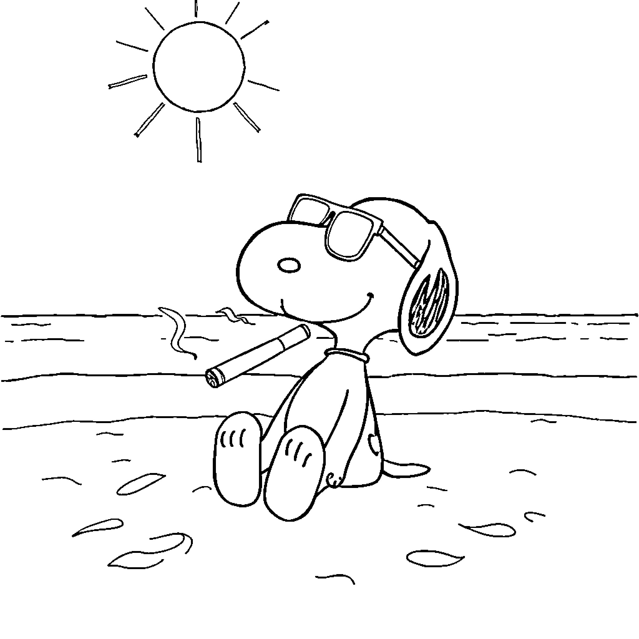 Snoopy enjoys a sunny day at the beach Coloring Page (free black-and-white line drawing printable PDF for all, from beginners to advanced learners, including children, teens, adults, and seniors)
