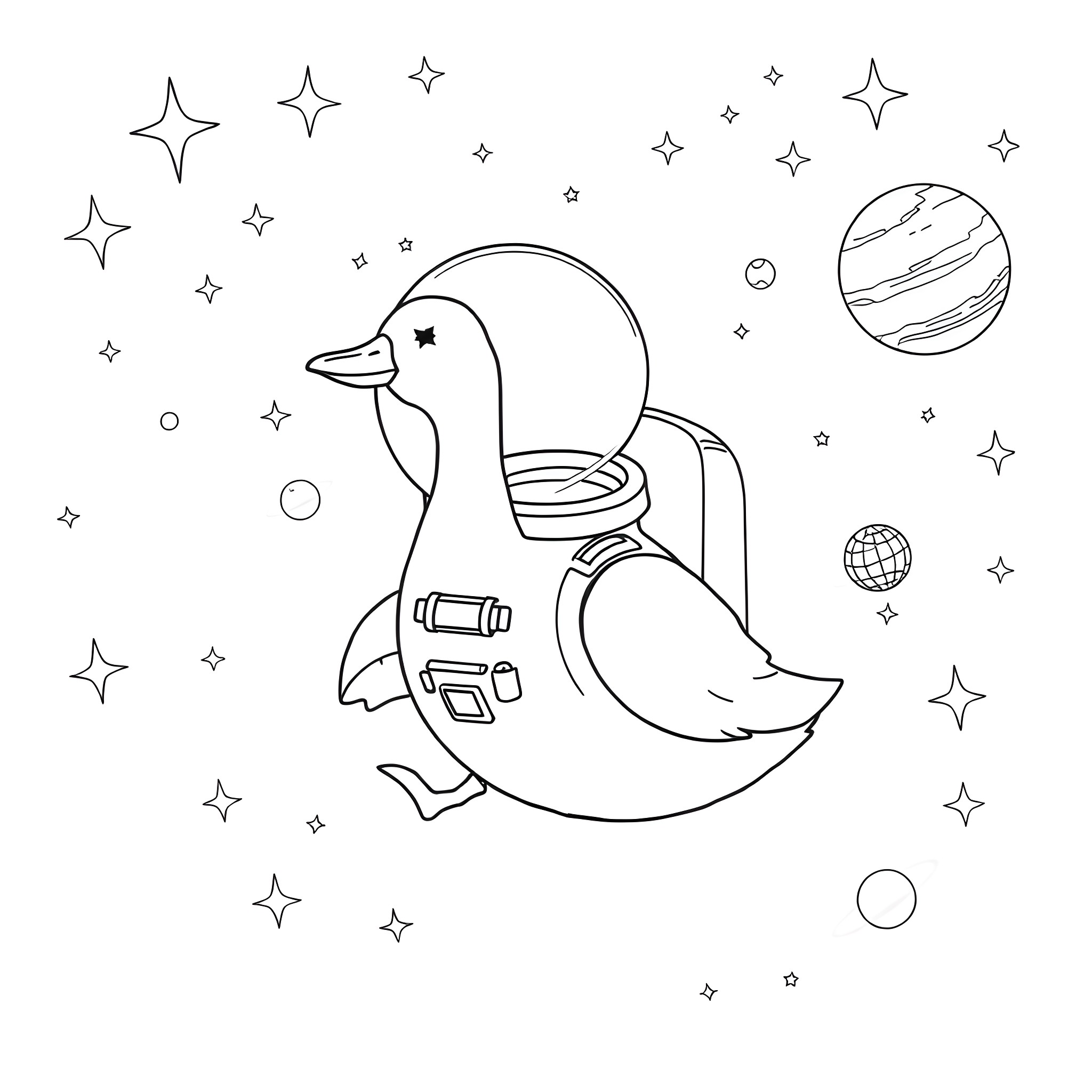 Goose astronaut floating in space Coloring Page (free black-and-white line drawing printable PDF for all, from beginners to advanced learners, including children, teens, adults, and seniors)
