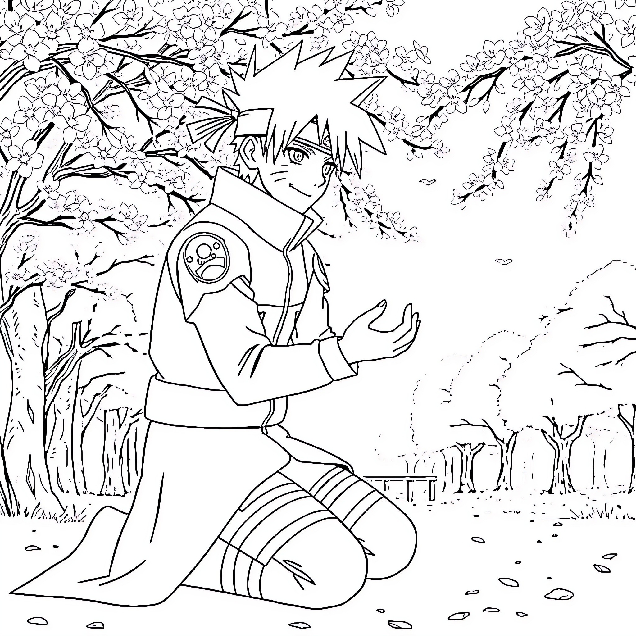 Kakashi resting in a serene forest surrounded by blossoms Coloring Page (free black-and-white line drawing printable PDF for all, from beginners to advanced learners, including children, teens, adults, and seniors)