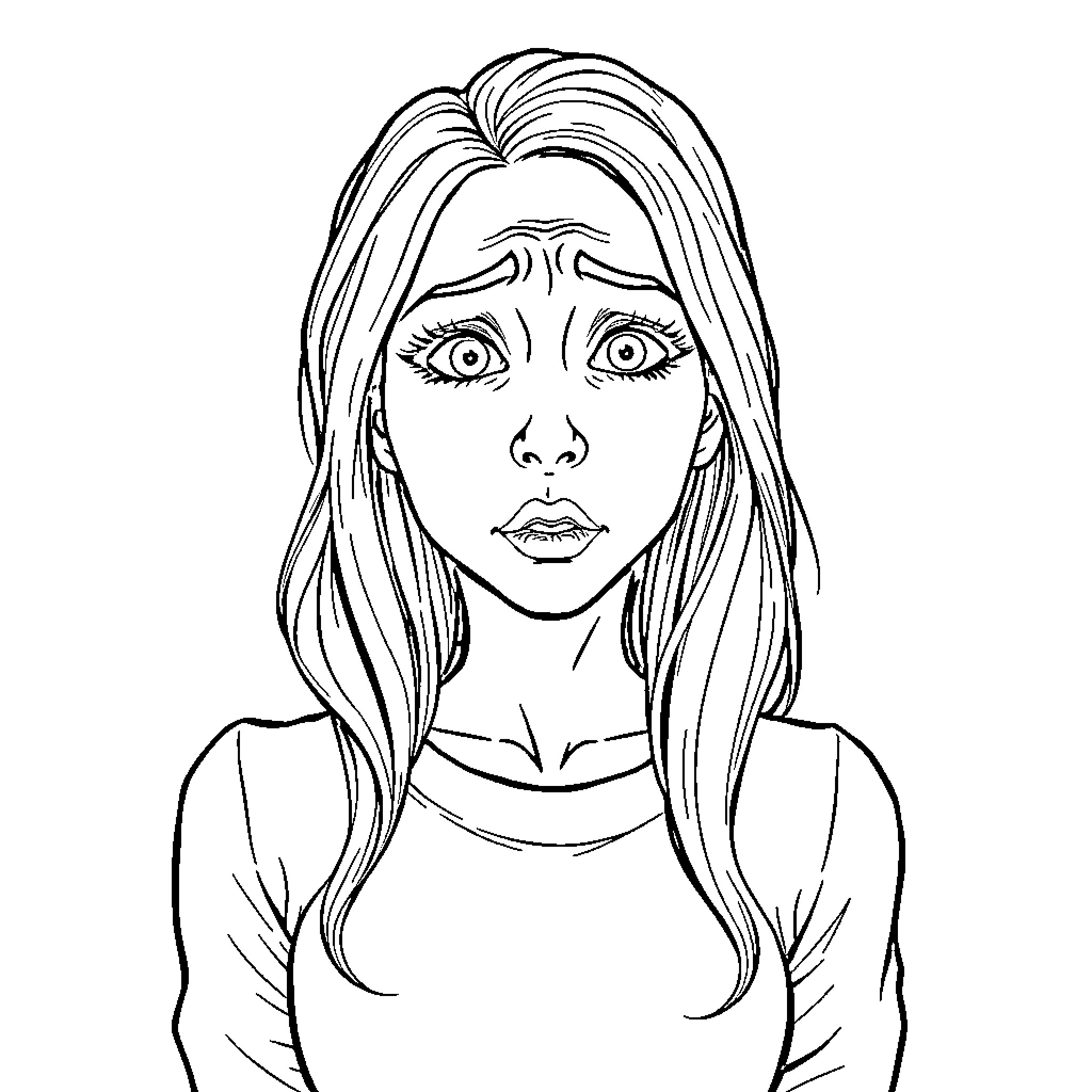 Woman with long hair and concerned expression Coloring Page (free black-and-white line drawing printable PDF for all, from beginners to advanced learners, including children, teens, adults, and seniors)