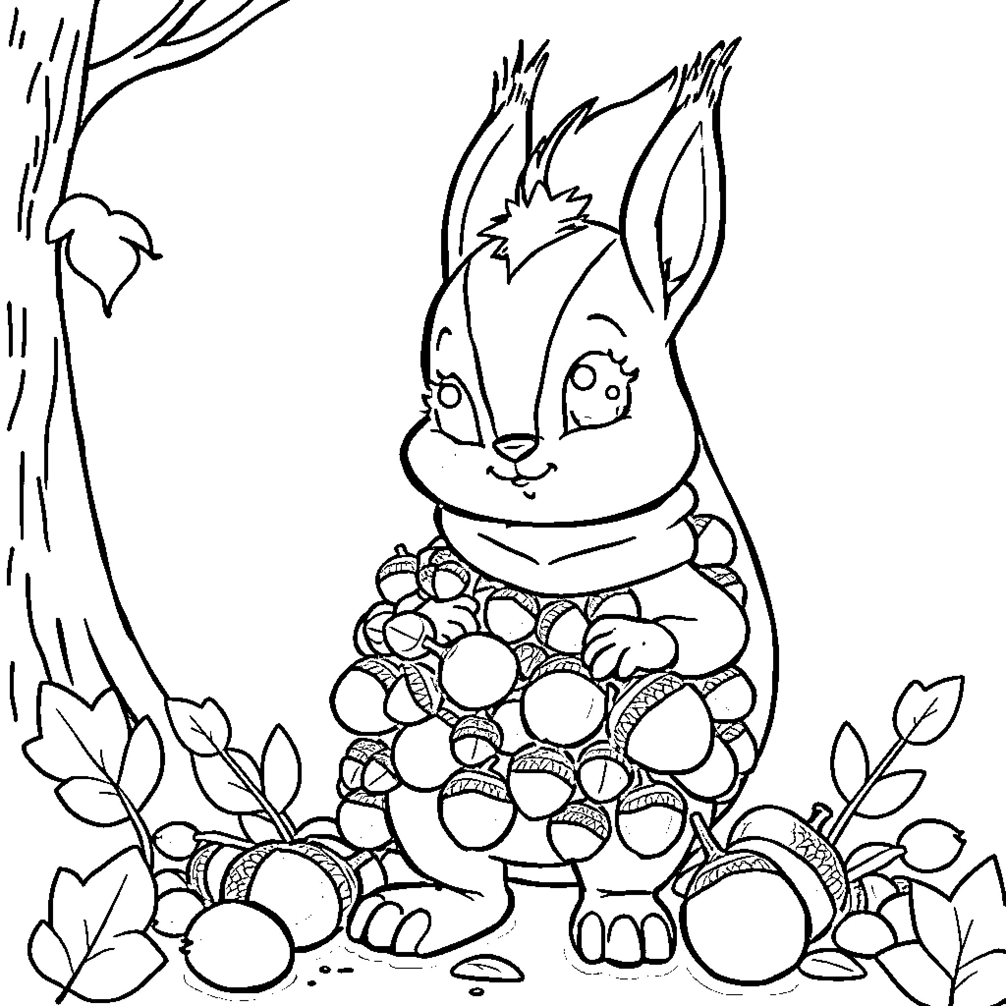 Squirt the curious rabbit in the enchanted forest Coloring Page (free black-and-white line drawing printable PDF for all, from beginners to advanced learners, including children, teens, adults, and seniors)