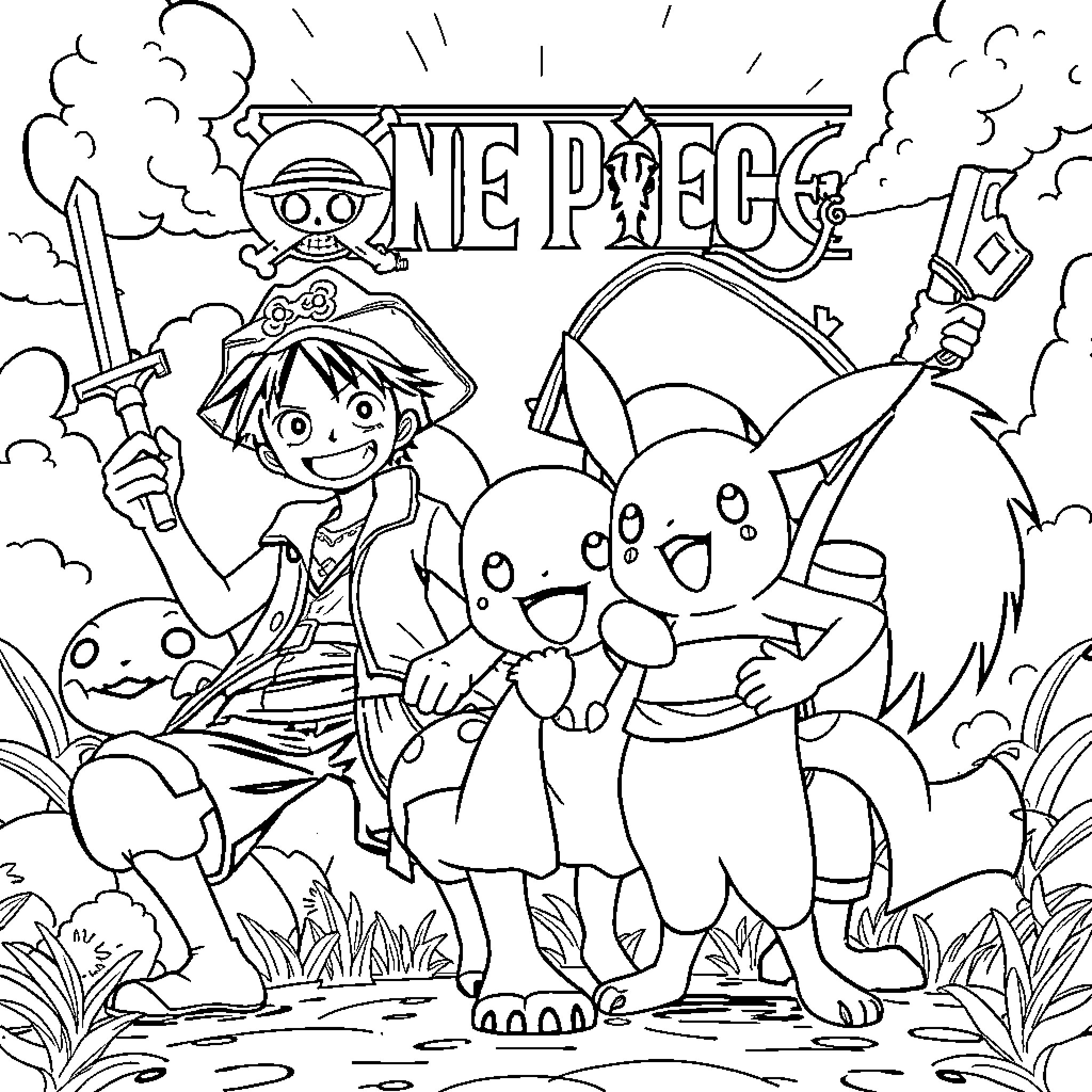 One Piece: Adventurous Characters in Anime-Style Landscape Coloring Page (free black-and-white line drawing printable PDF for all, from beginners to advanced learners, including children, teens, adults, and seniors)