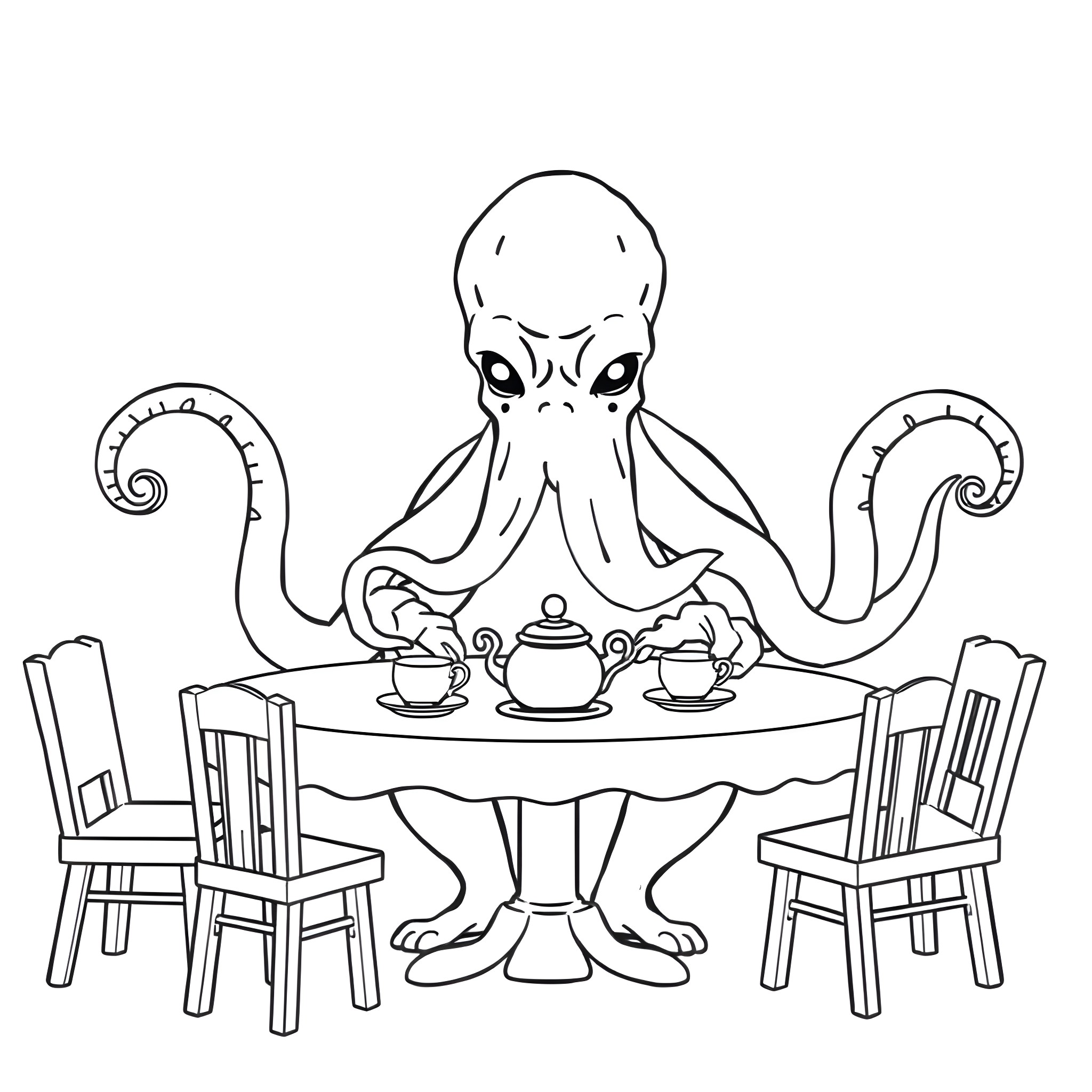Cthulhu hosting a surreal tea party Coloring Page (free black-and-white line drawing printable PDF for all, from beginners to advanced learners, including children, teens, adults, and seniors)