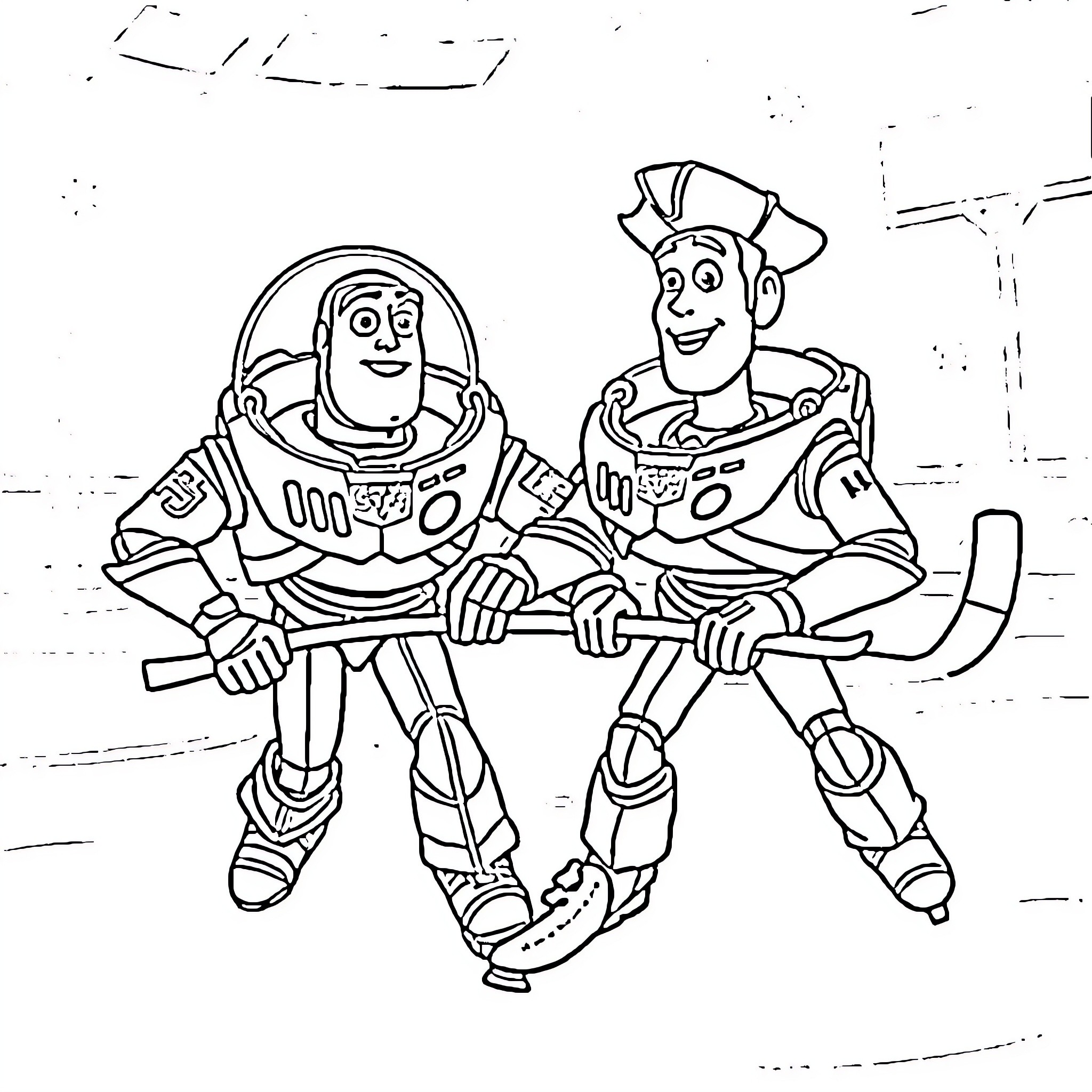 Buzz and Woody having an adventure together Coloring Page (free black-and-white line drawing printable PDF for all, from beginners to advanced learners, including children, teens, adults, and seniors)