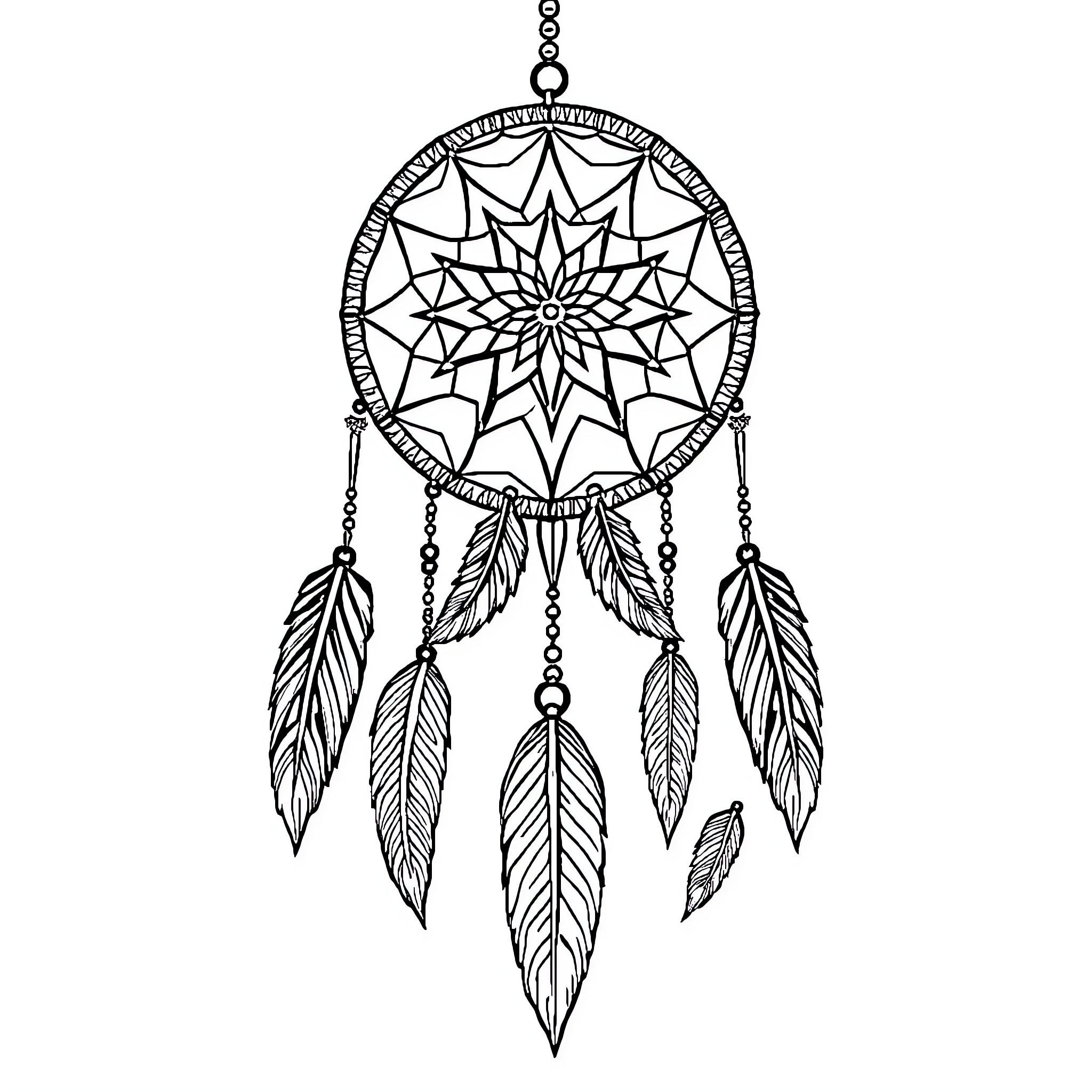 Dream Catcher with Intricate Mandala Design Coloring Page (free black-and-white line drawing printable PDF for all, from beginners to advanced learners, including children, teens, adults, and seniors)
