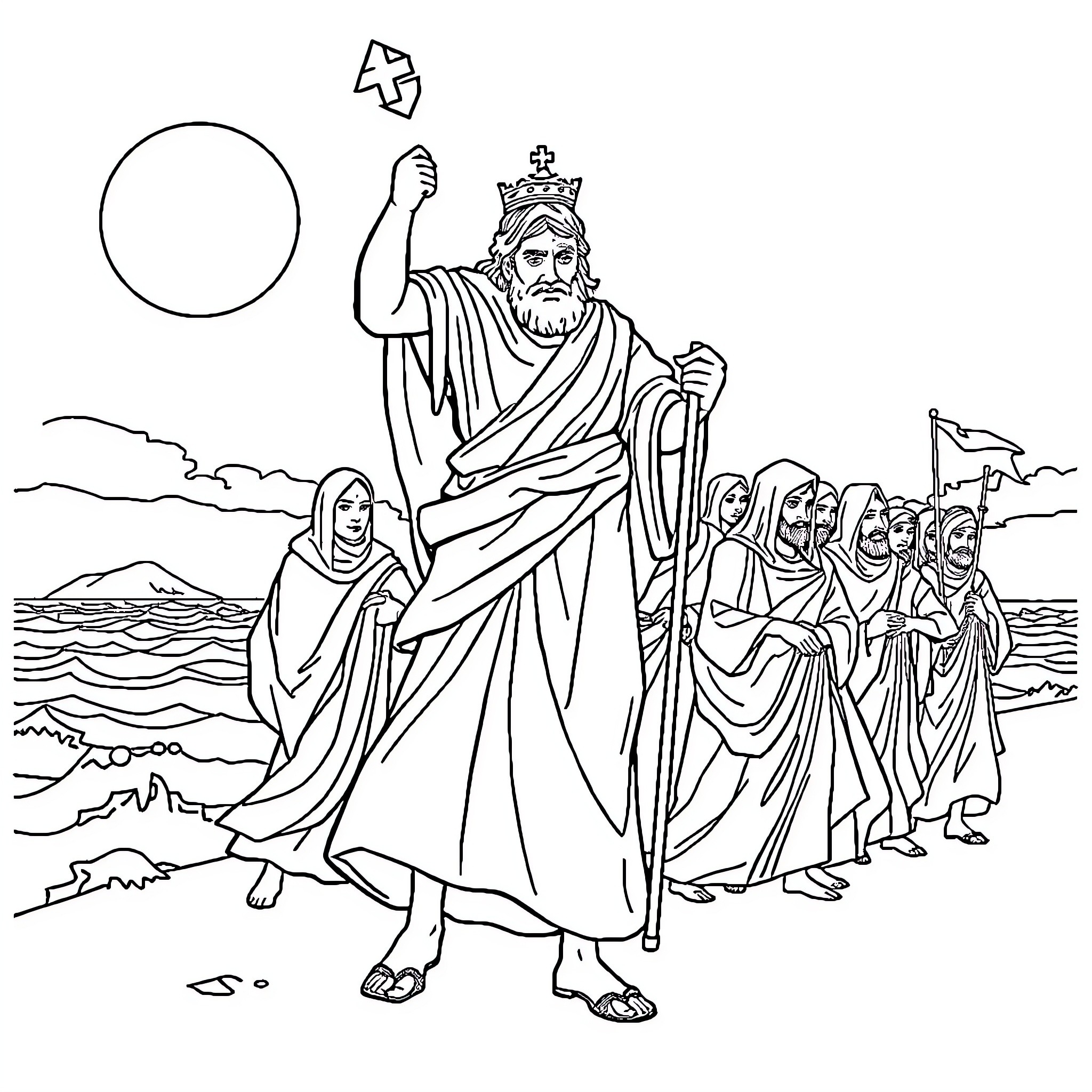 Moise leading the Israelites through the wilderness Coloring Page (free black-and-white line drawing printable PDF for all, from beginners to advanced learners, including children, teens, adults, and seniors)